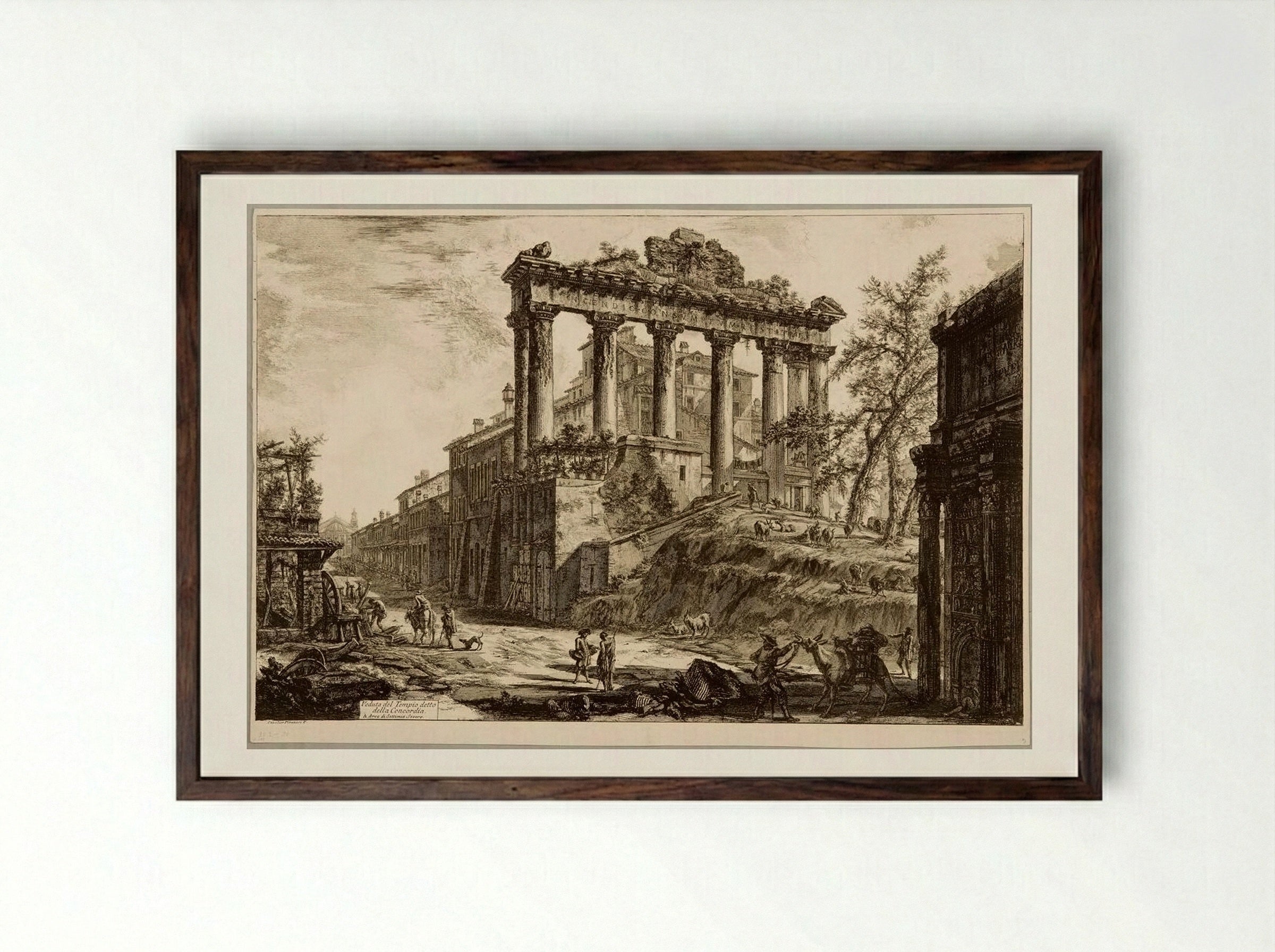 The Temple of Saturn, with a Corner of the Arch of Septimius Severus in the Background - Giovanni Battista Piranesi - Framed Print Dark Wood