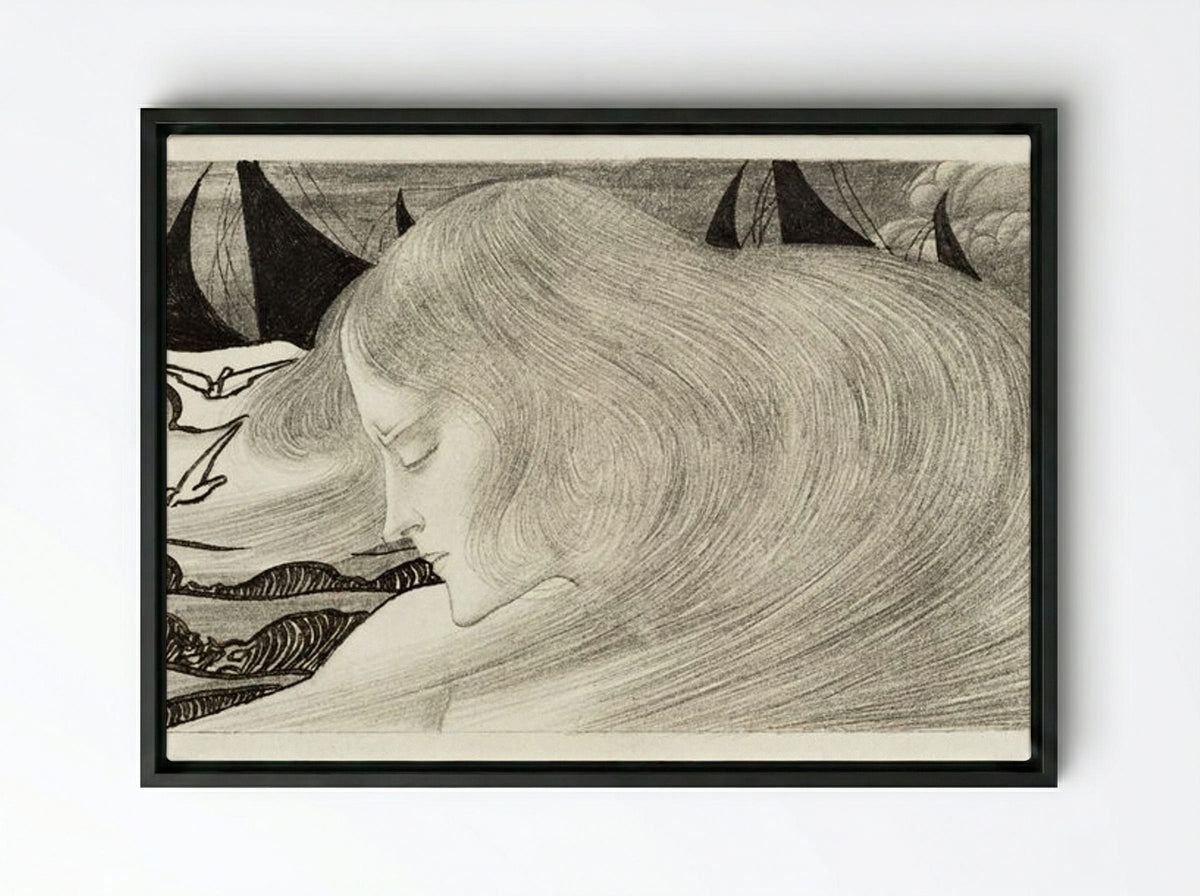 Young Woman with Wavy Hair in Front of a Sea with Ships - Jan Toorop - Framed Canvas Black
