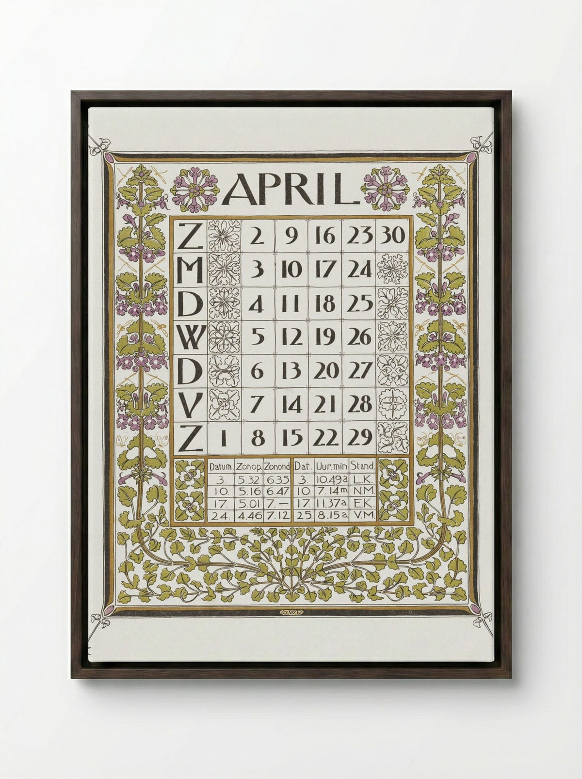 Calendar for April 1899 - Gerrit Willem Dijsselhof - Framed Canvas Dark Wood