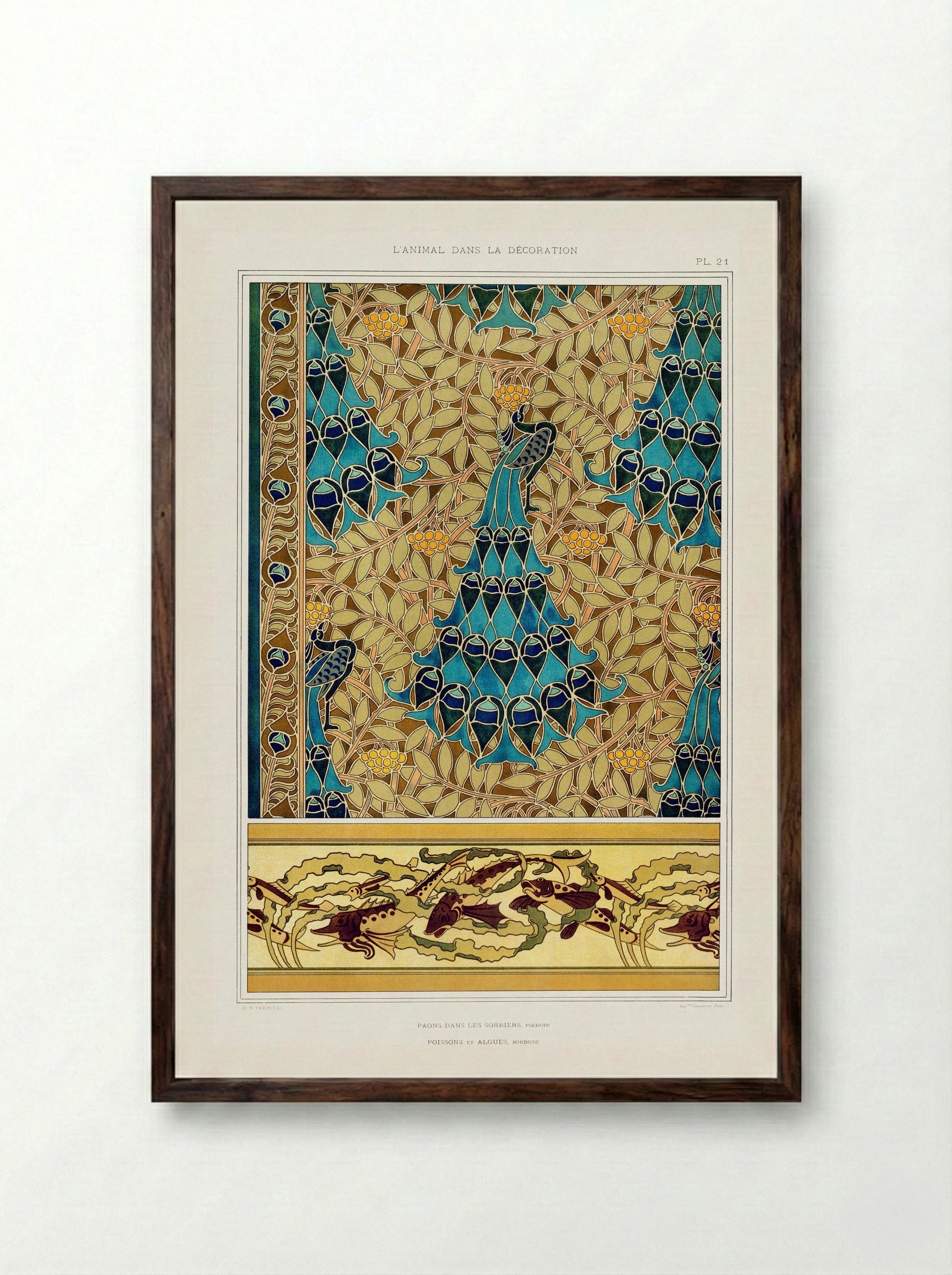 Paons dans les sorbiers, Pochoir; Poissons et algues, Bordure - Maurice Pillard Verneuil - Framed Print Dark Wood