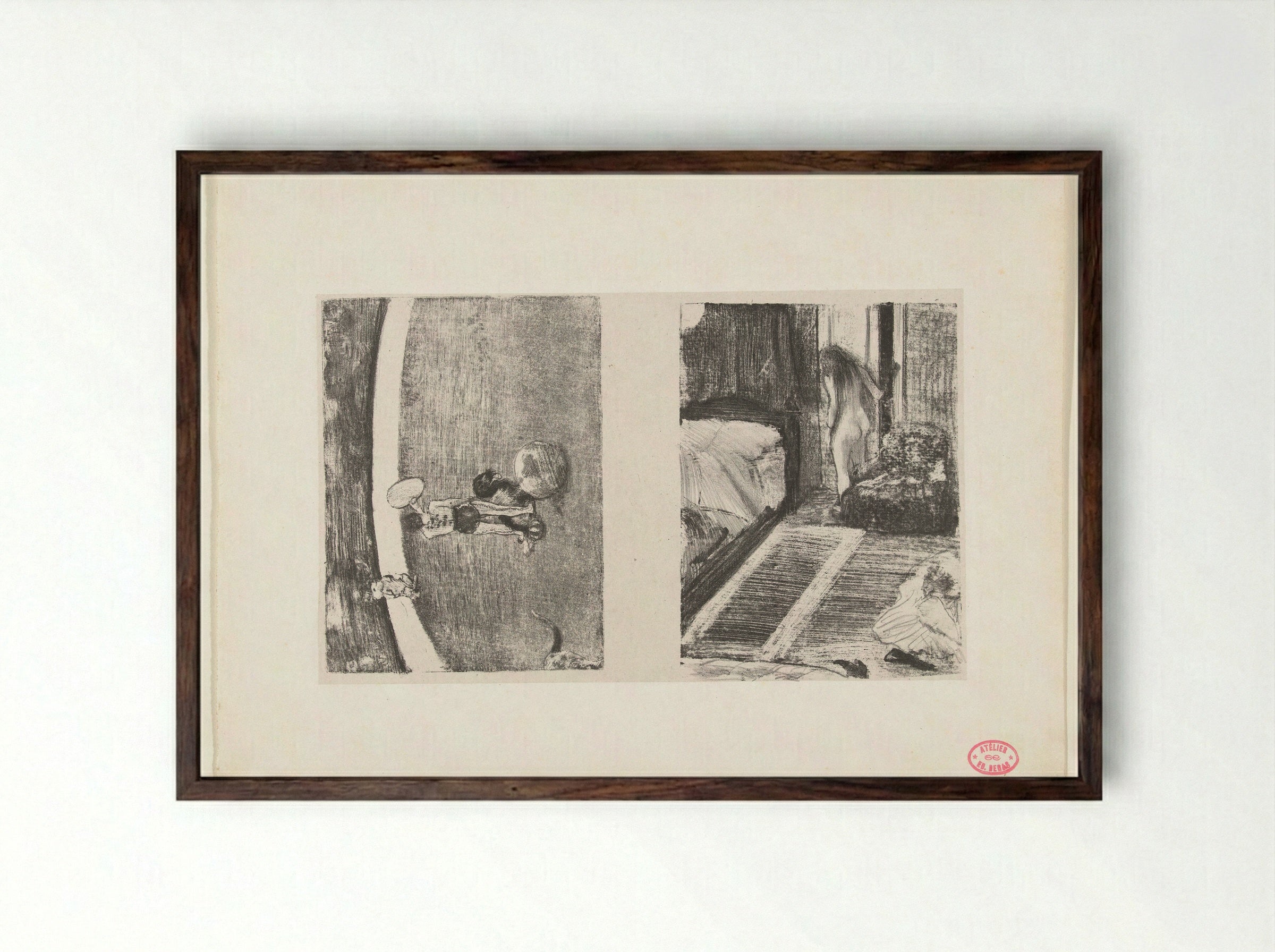 Piste van circus Fernando en naakte vrouw bij deur in haar kamer - Edgar Degas - Framed Print Dark Wood
