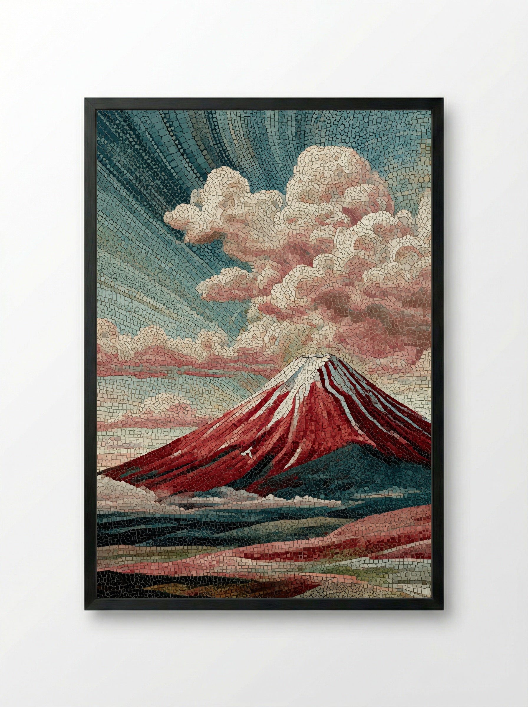 Red Fuji in Autumn - Japanese Mosaic Print - Framed Print Black