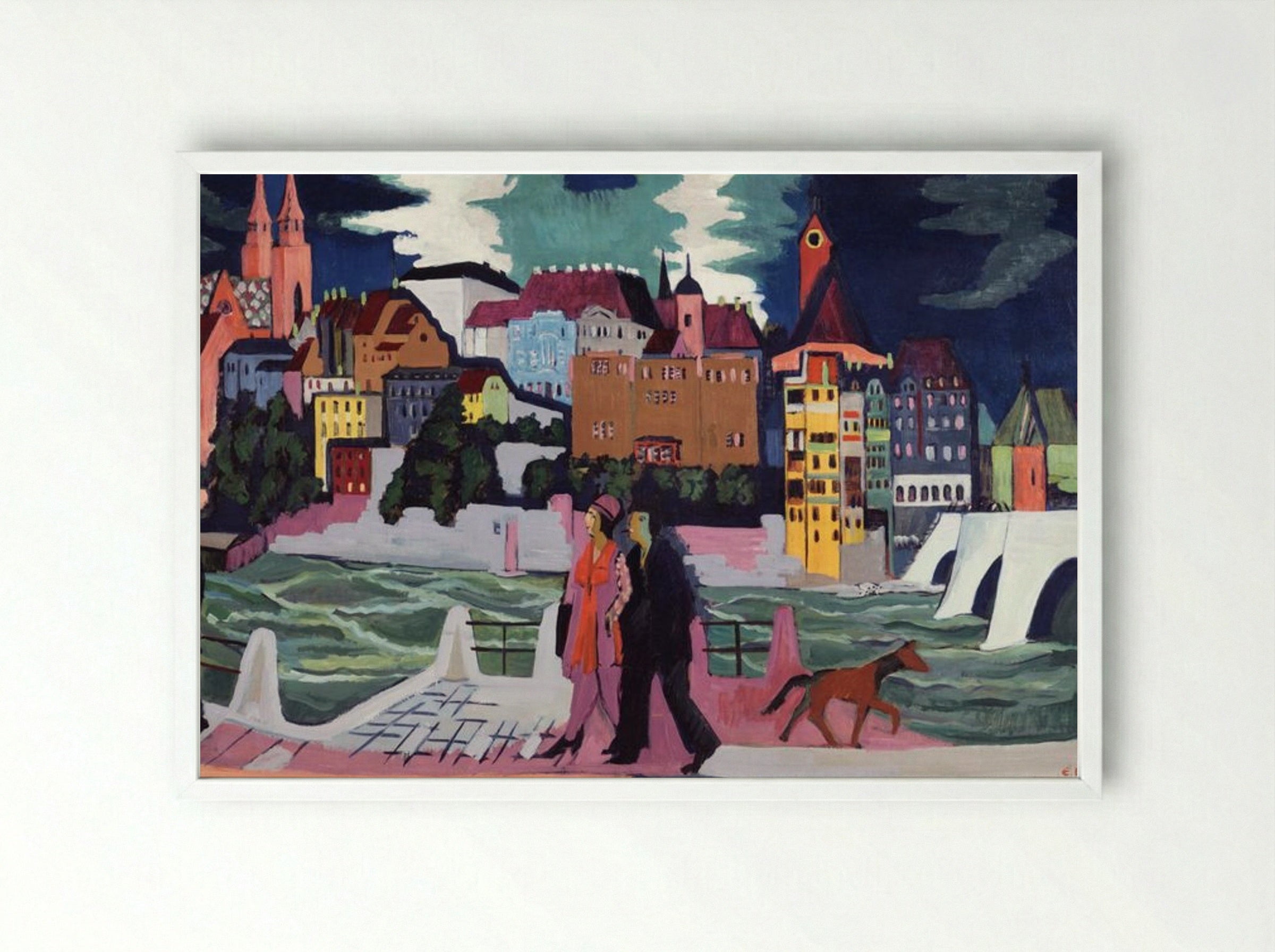 View of Basel and the Rhine - Ernst Ludwig Kirchner - Framed Print White