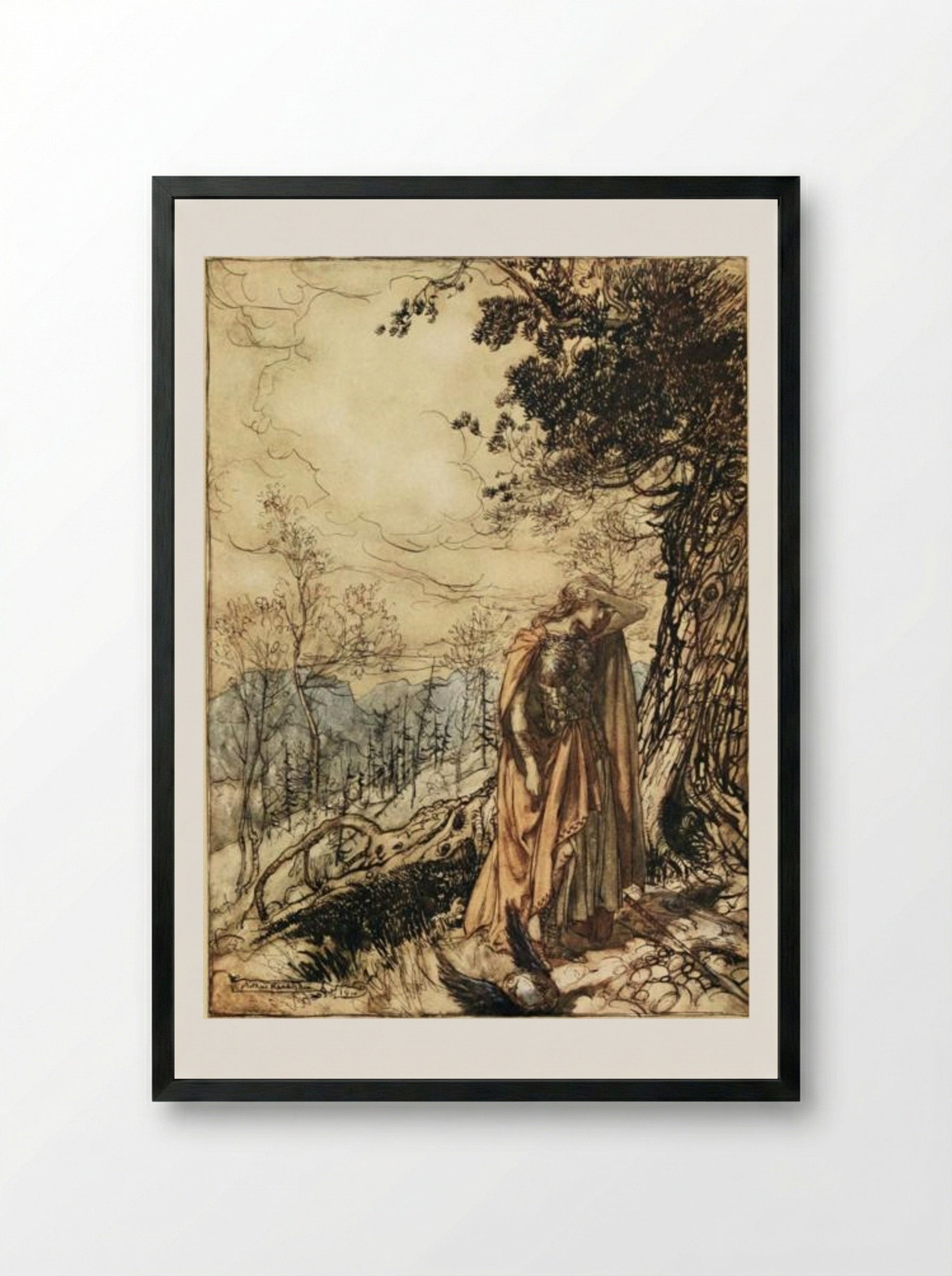 Brünnhilde stands for a long time dazed and alarmed - Arthur Rackham - Framed Print Black