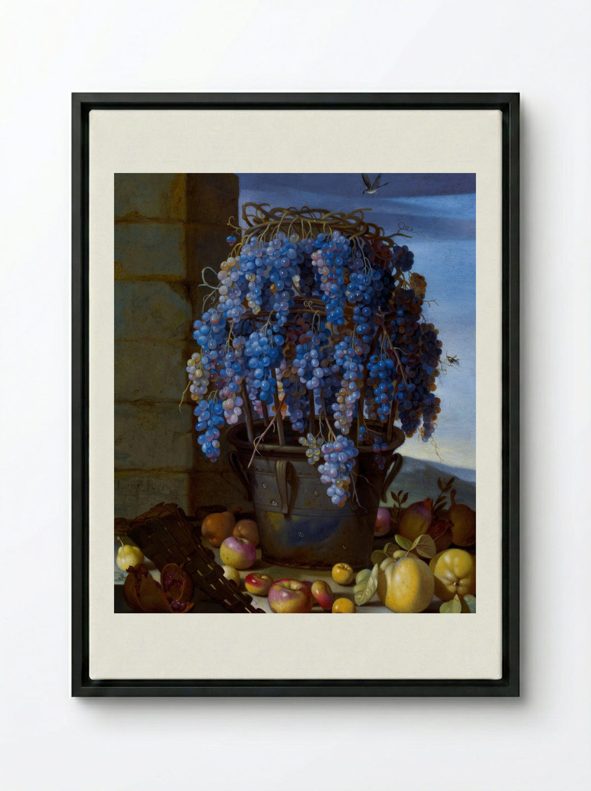 Still Life with Grapes and Other Fruit - Luca Forte - Framed Canvas Black