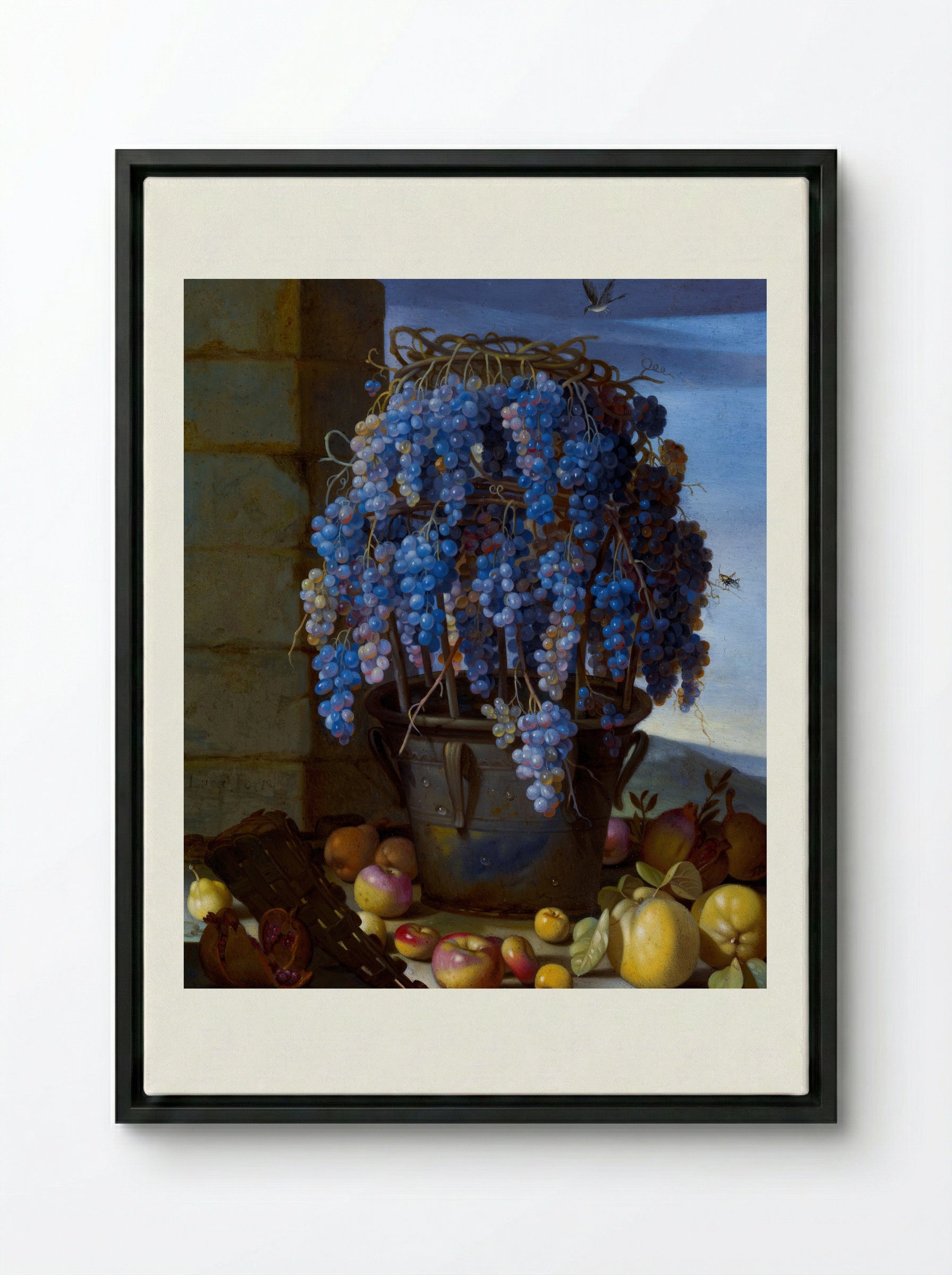Still Life with Grapes and Other Fruit - Luca Forte - Framed Canvas Black