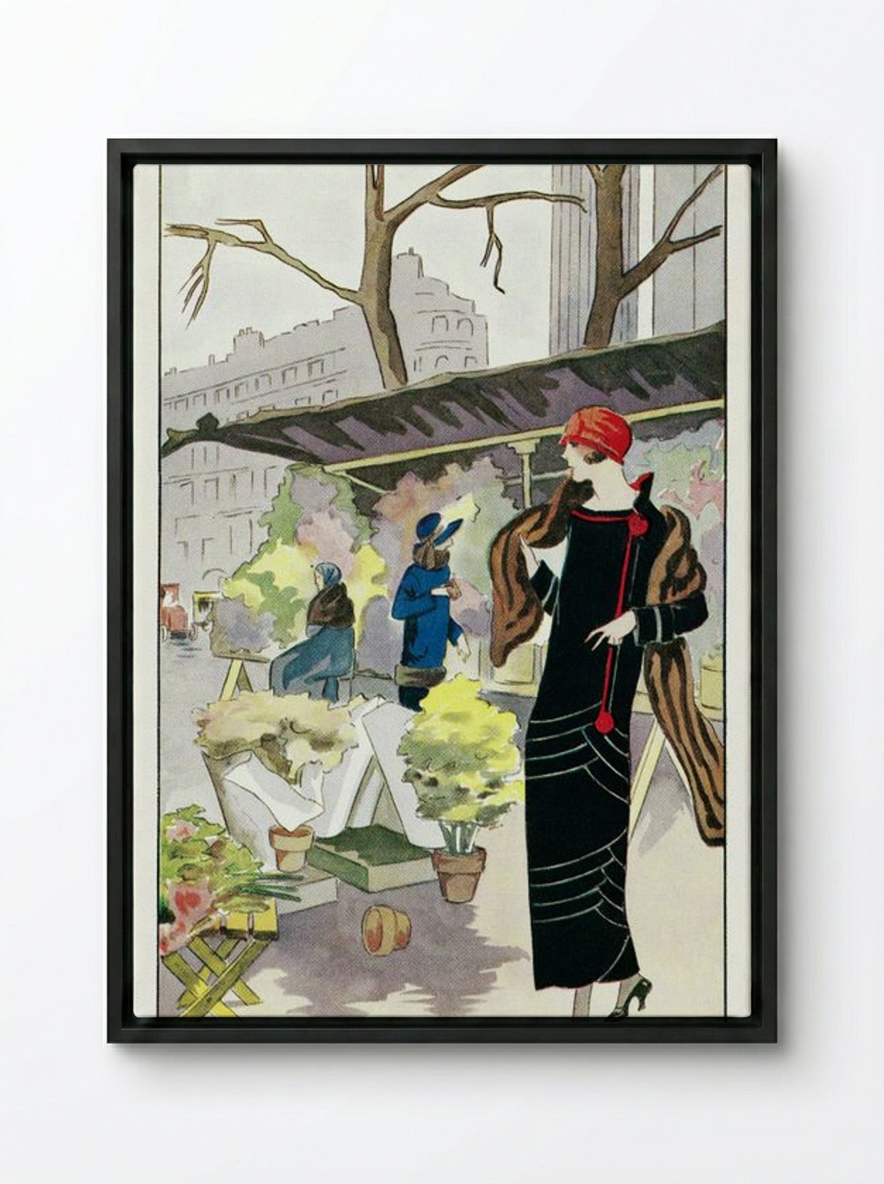 Woman in a Black Velvet Dress at a Flower Stall - Georges Léonnec - Framed Canvas Black