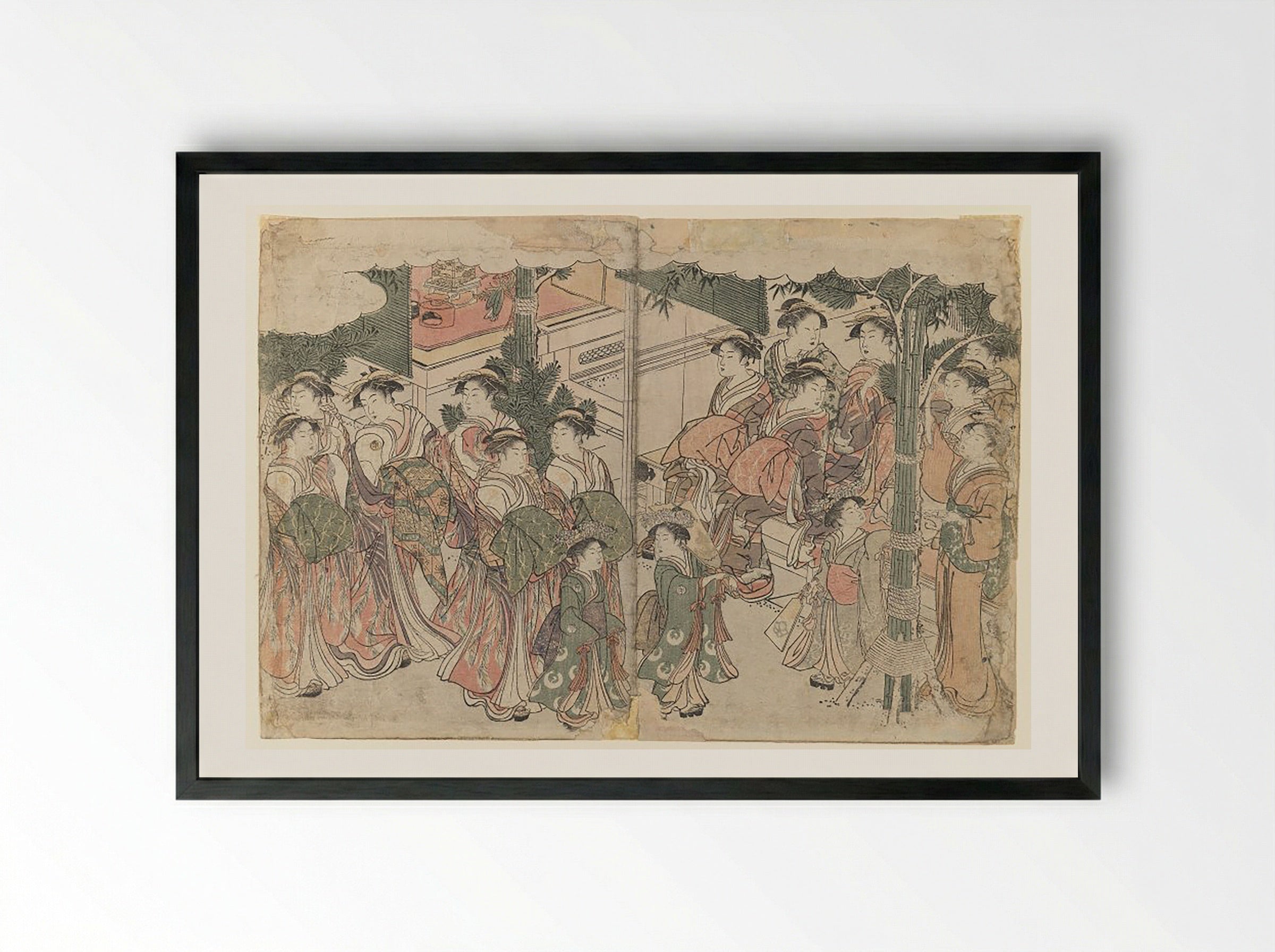 Courtesan's Entourage at New Year's Festival - Fine Art Print - Framed Print Black