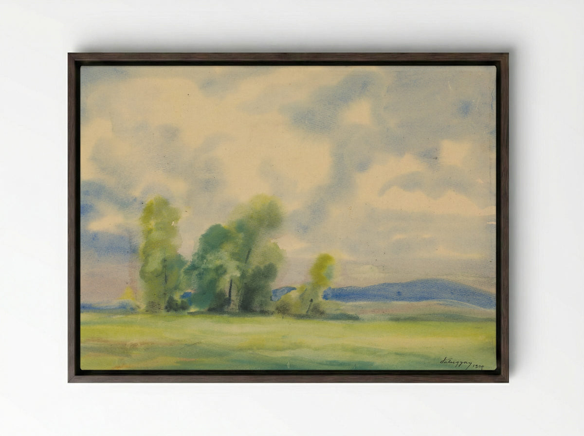 Landscape with Trees and Cloudy Sky - Zolo Palugyay - Framed Canvas Dark Wood