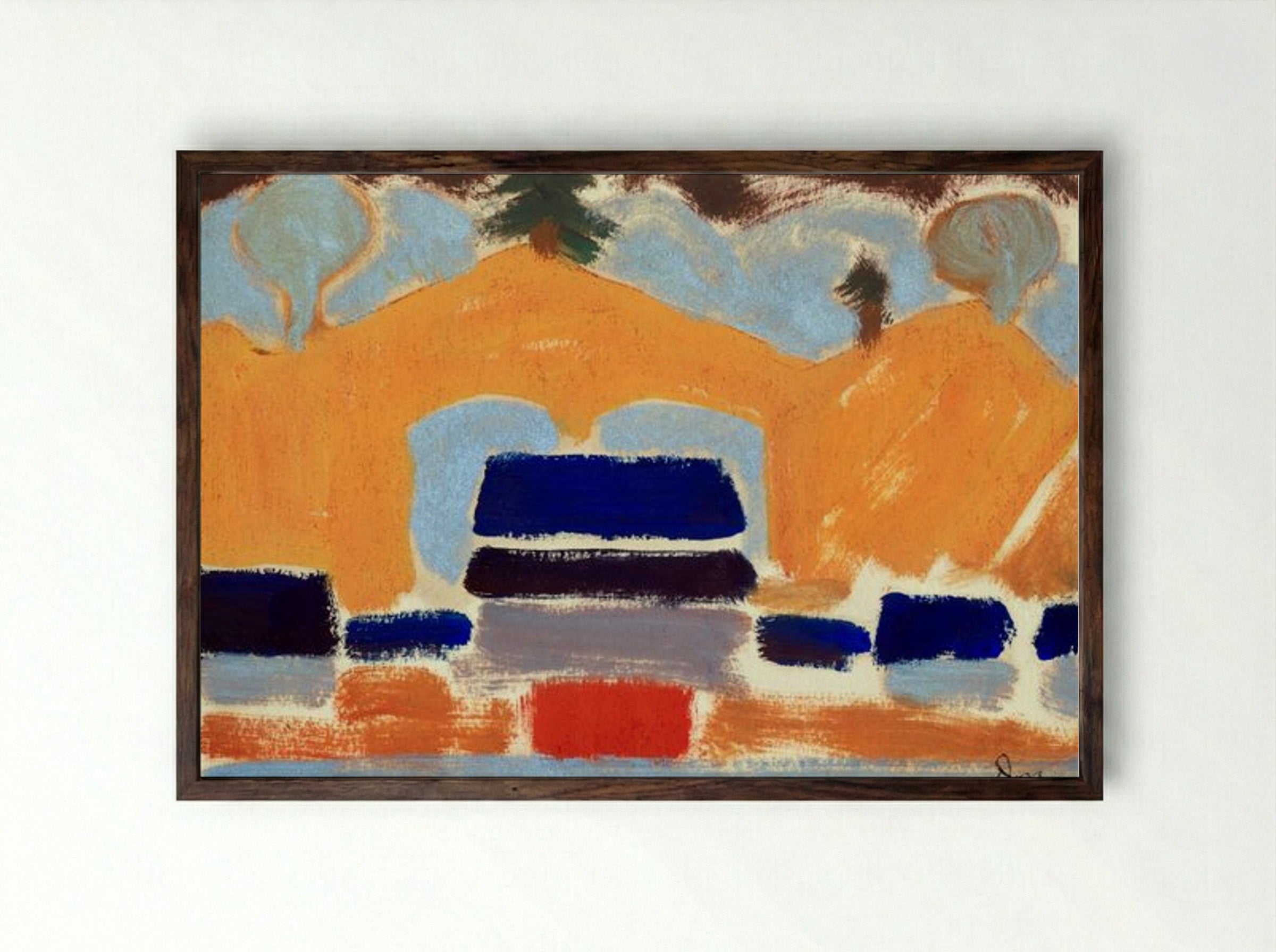 Abstract Landscape with Orange Hills - Fine Art Print - Framed Print Dark Wood