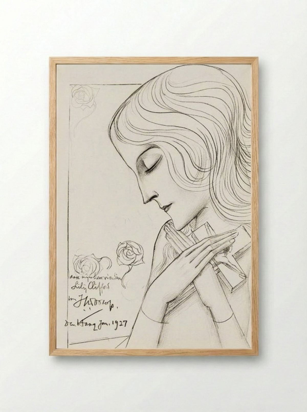 Young Girl Holding a Cross in Meditation - Jan Toorop - Framed Print Wood