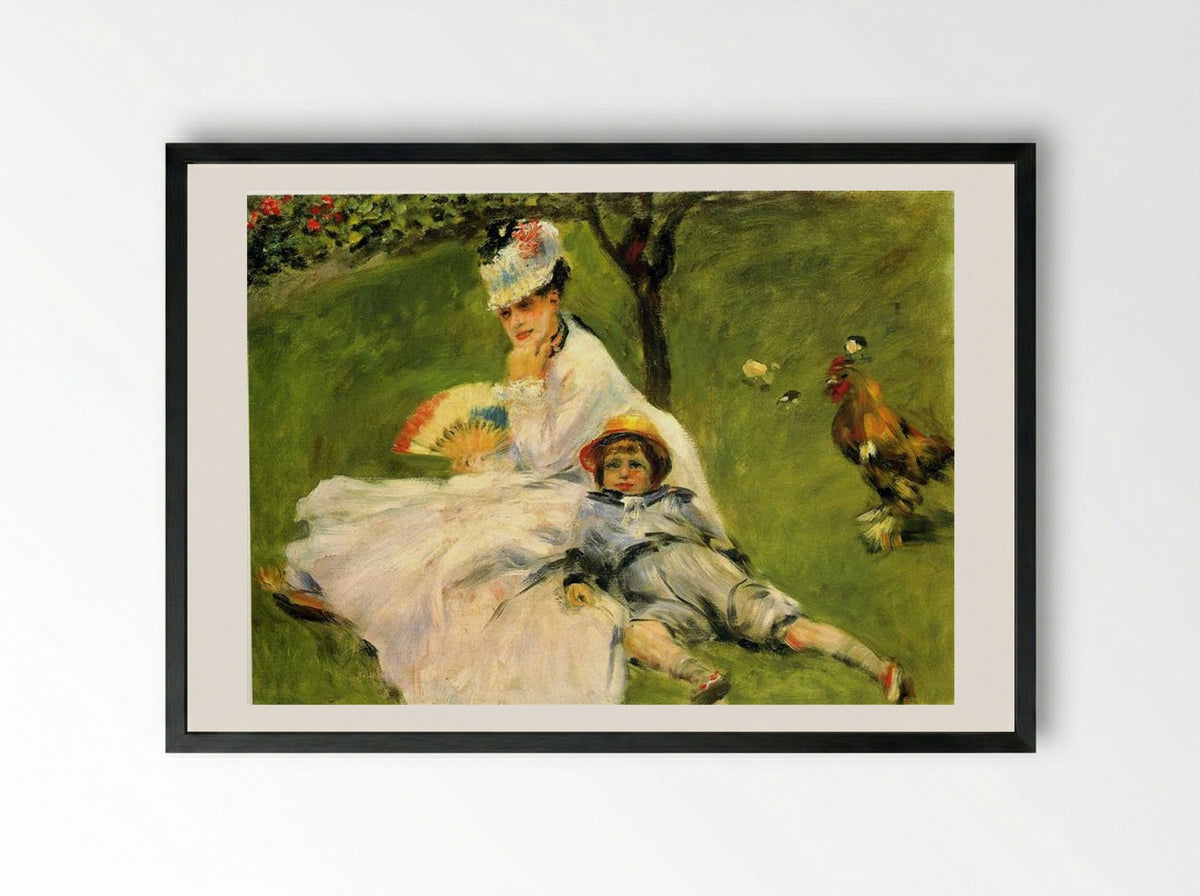 Camille Monet and Her Son Jean in the Garden at Argenteuil - Pierre-Auguste Renoir - Framed Print Black