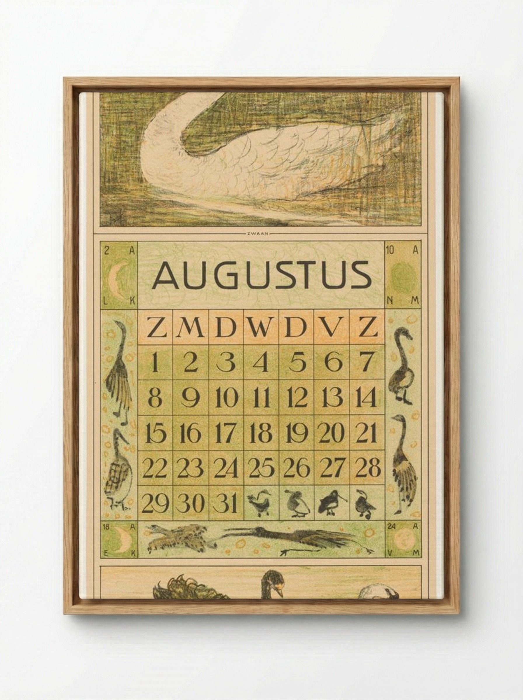 Kalenderblad Augustus met Zwaan - Theo van Hoytema - Framed Canvas Wood
