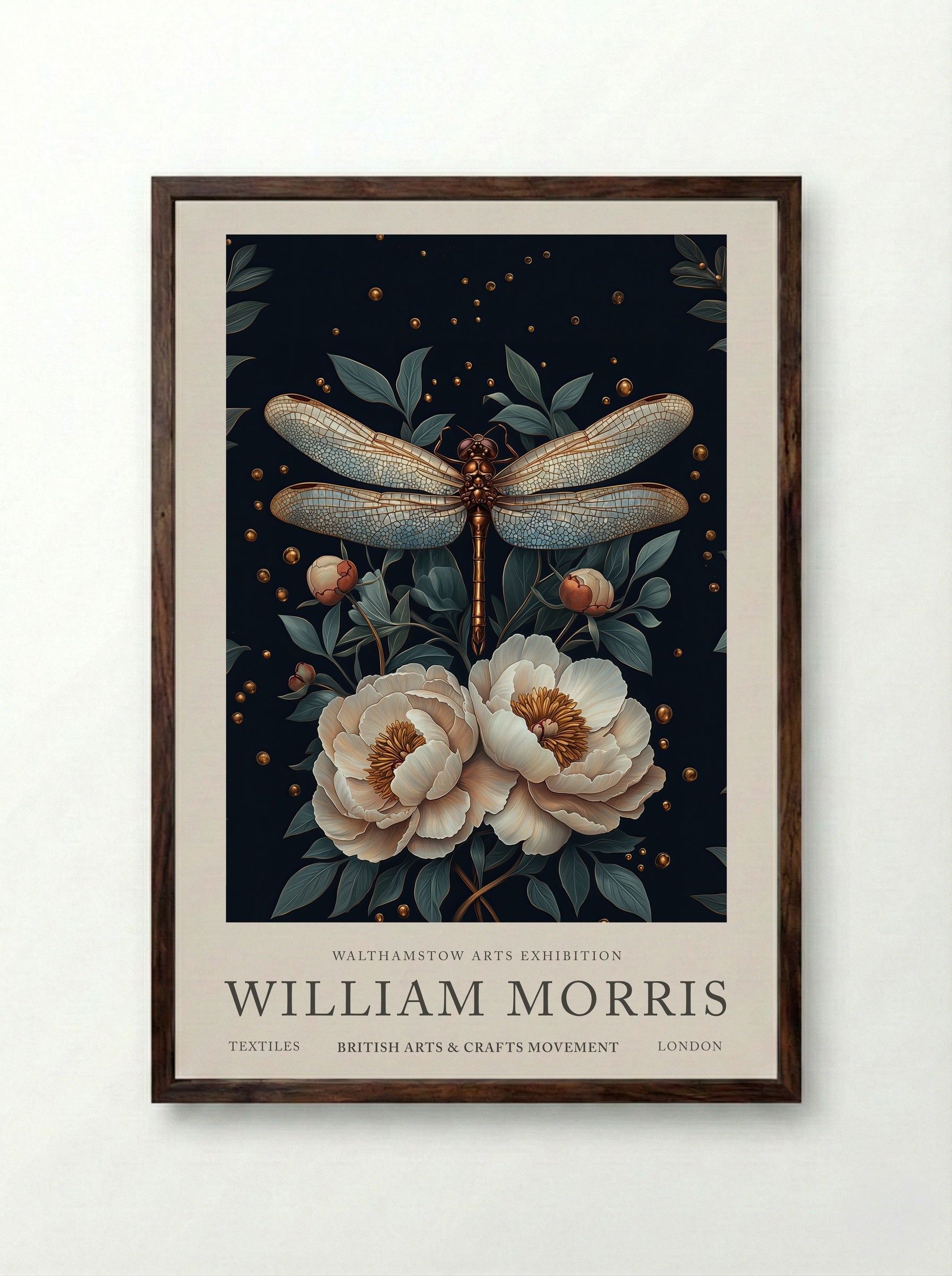 Dragonfly Dazzle - William Morris - Framed Print Dark Wood
