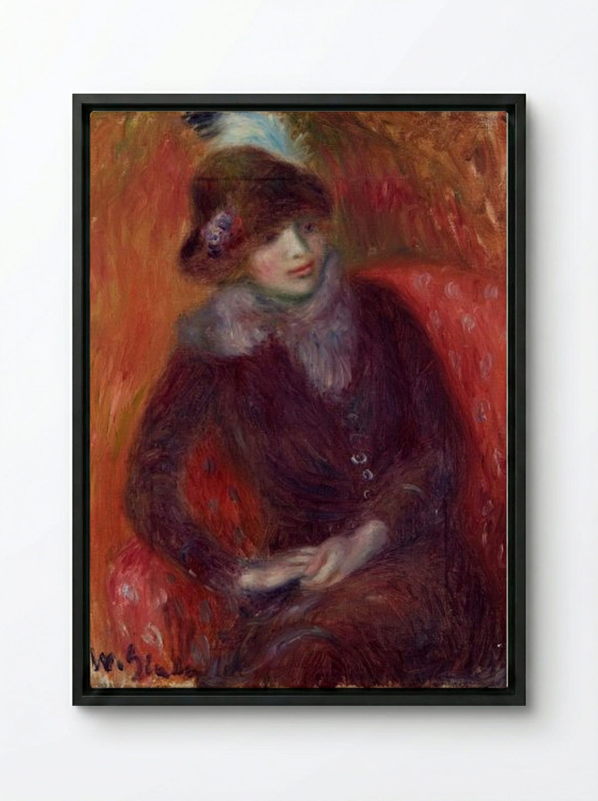 Seated Woman with Fur Neckpiece and Red Background - William James Glackens - Framed Canvas Black