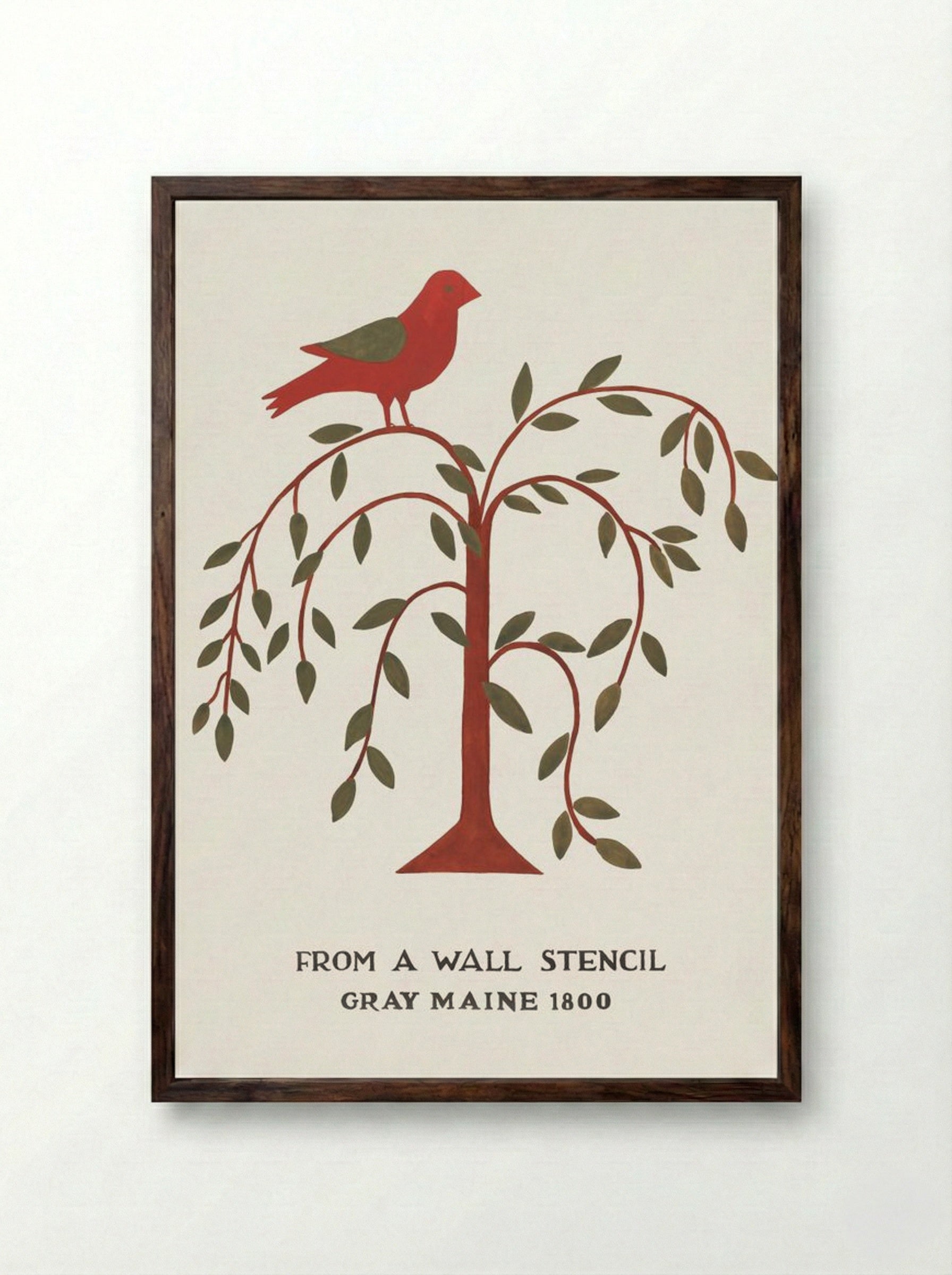 Maine Wall Stencil with Bird and Tree - Mildred E. Bent - Framed Print Dark Wood