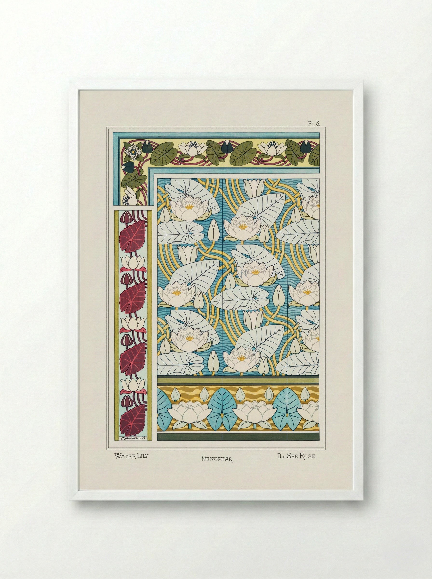 Nénuphar (Water Lilies) from La Plante et ses Applications ornementales - Maurice Pillard Verneuil - Framed Print White