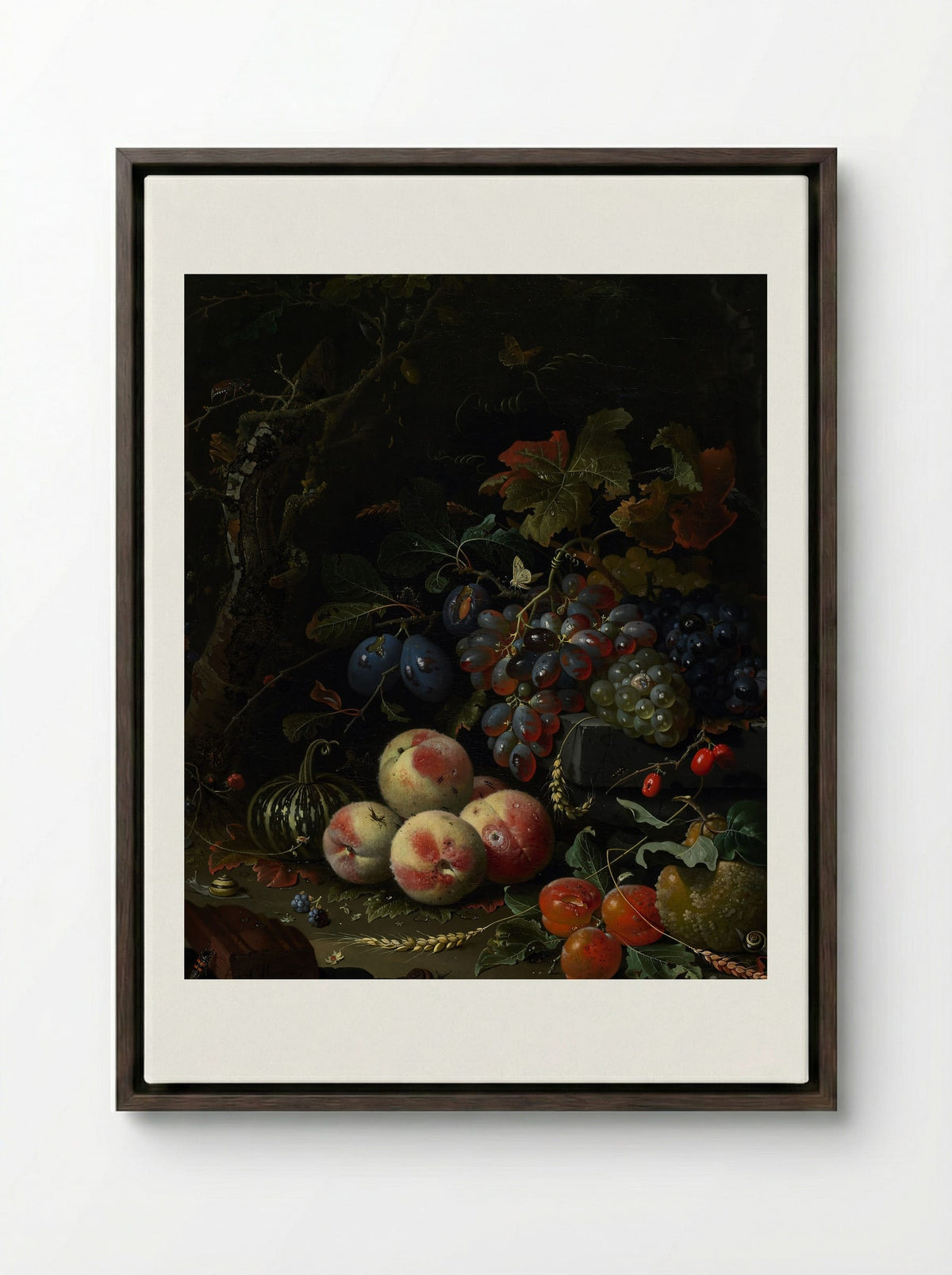 Still Life with Fruit, Foliage, and Insects - Abraham Mignon - Framed Canvas Dark Wood