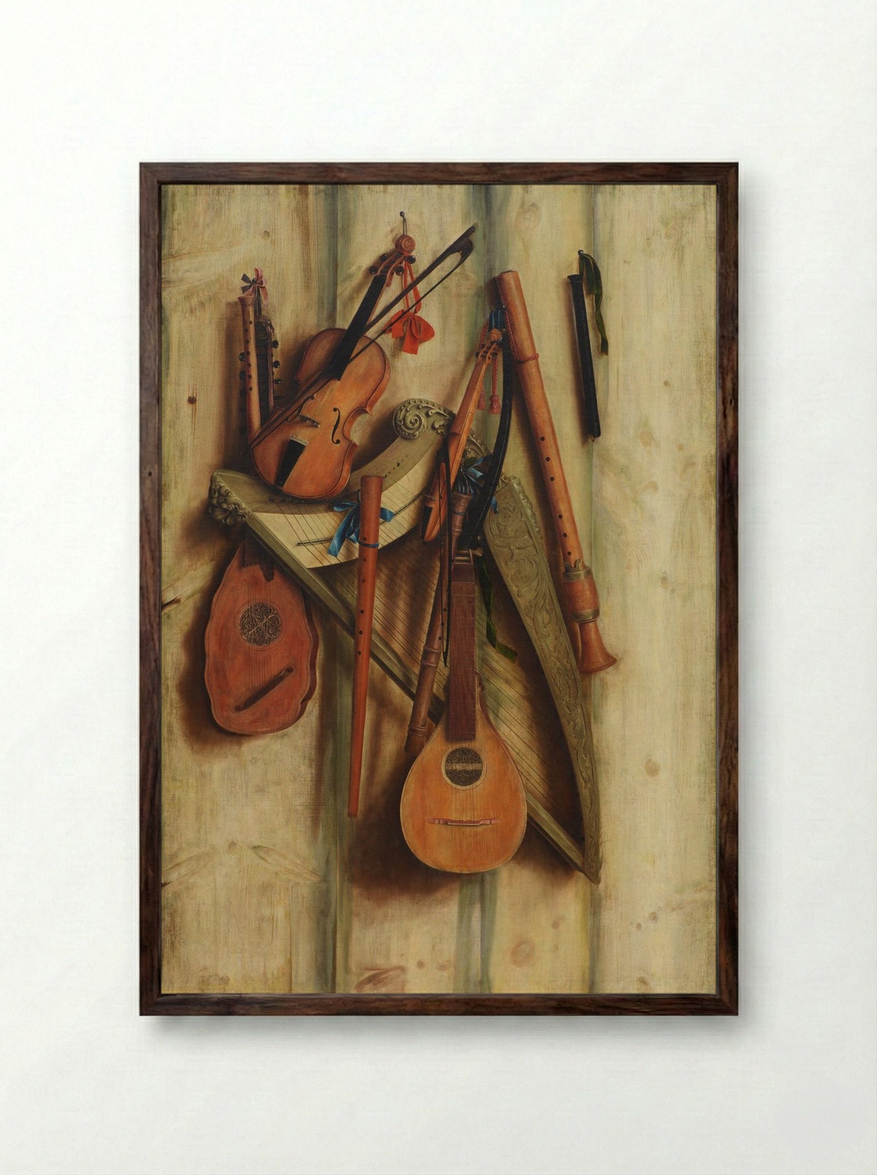Board Wall with Musical Instruments (Trompe l'Oeil) - Franciscus Gijsbrechts - Framed Print Dark Wood