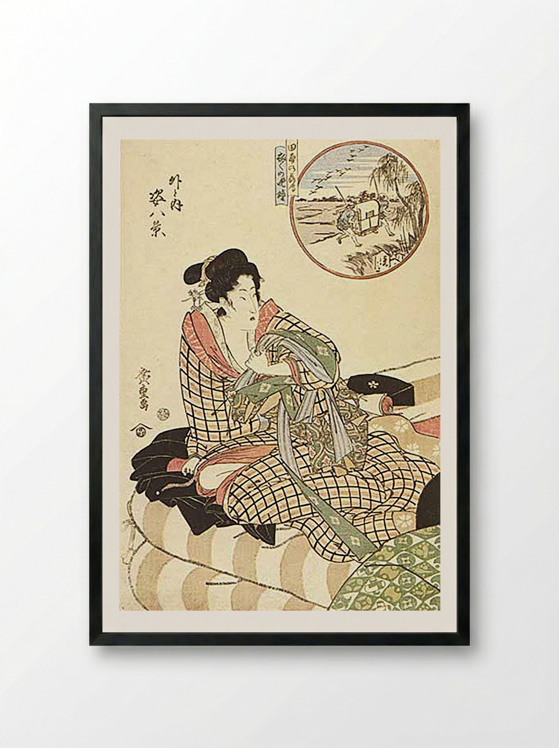 Courtesan Viewing Travellers (Outside and Inside) - Hiroshige - Framed Print Black