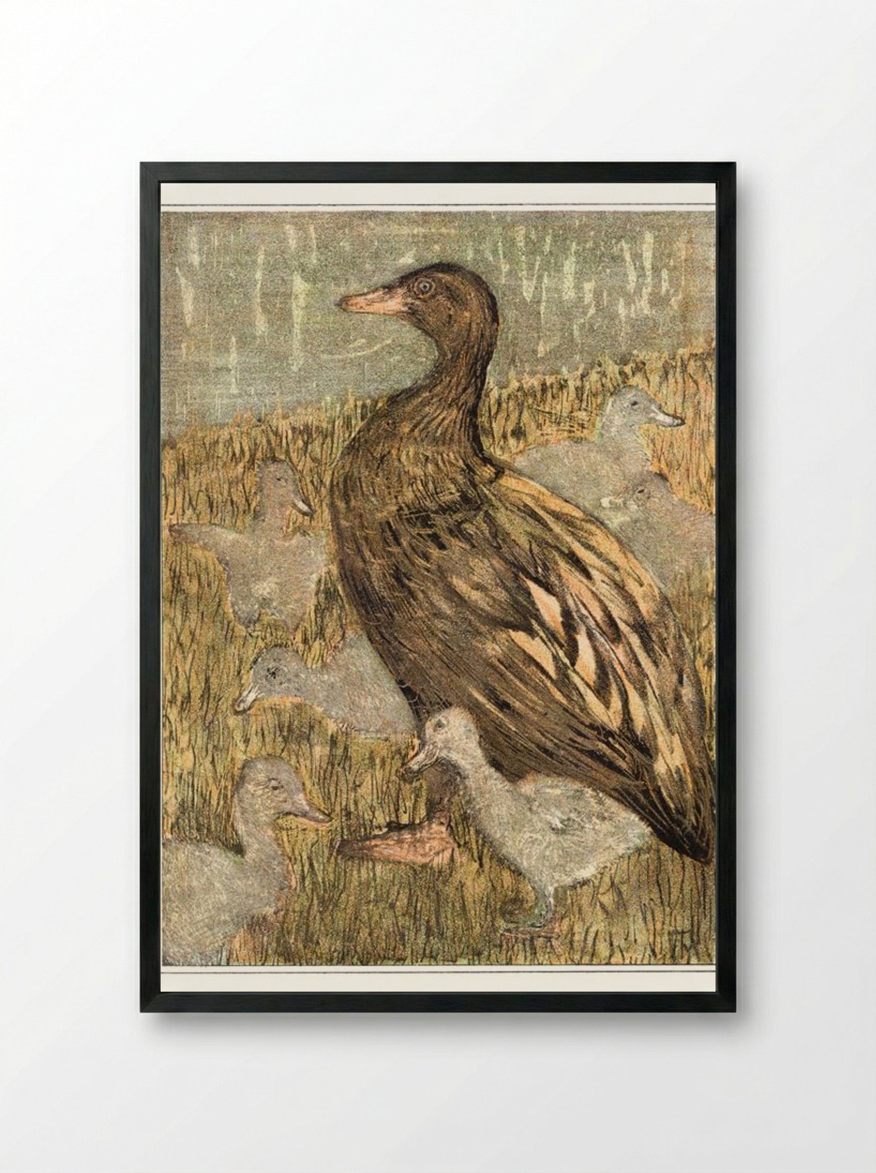 Duck with Ducklings by the Waterside - Theo van Hoytema - Framed Print Black