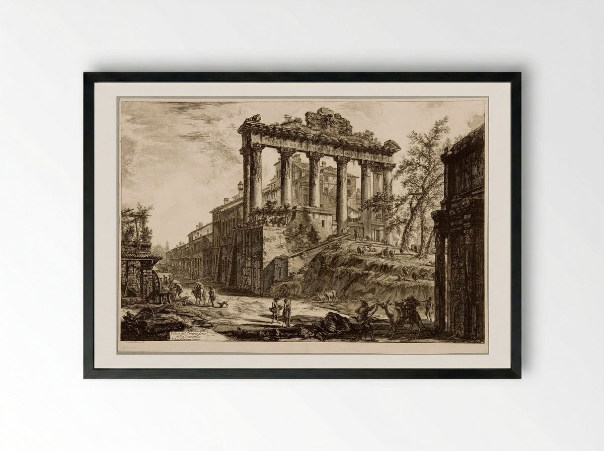 The Temple of Saturn, with a Corner of the Arch of Septimius Severus in the Background - Giovanni Battista Piranesi - Framed Print Black