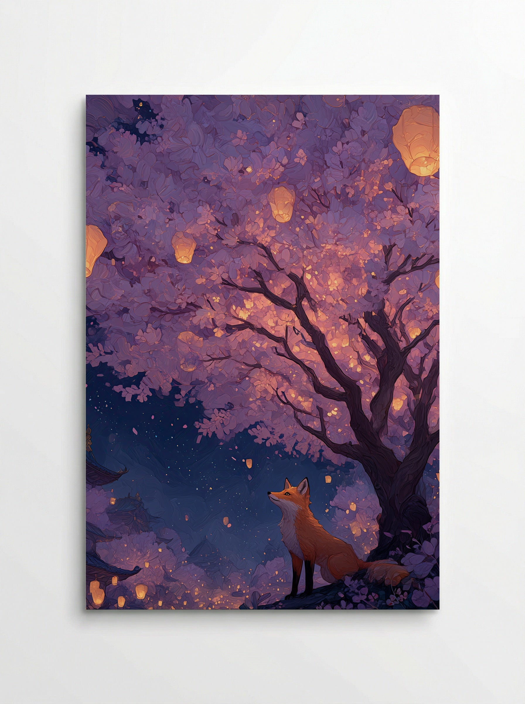 Fox Under Lantern Blossom – Dreamy Sakura Tree Art Print - Poster