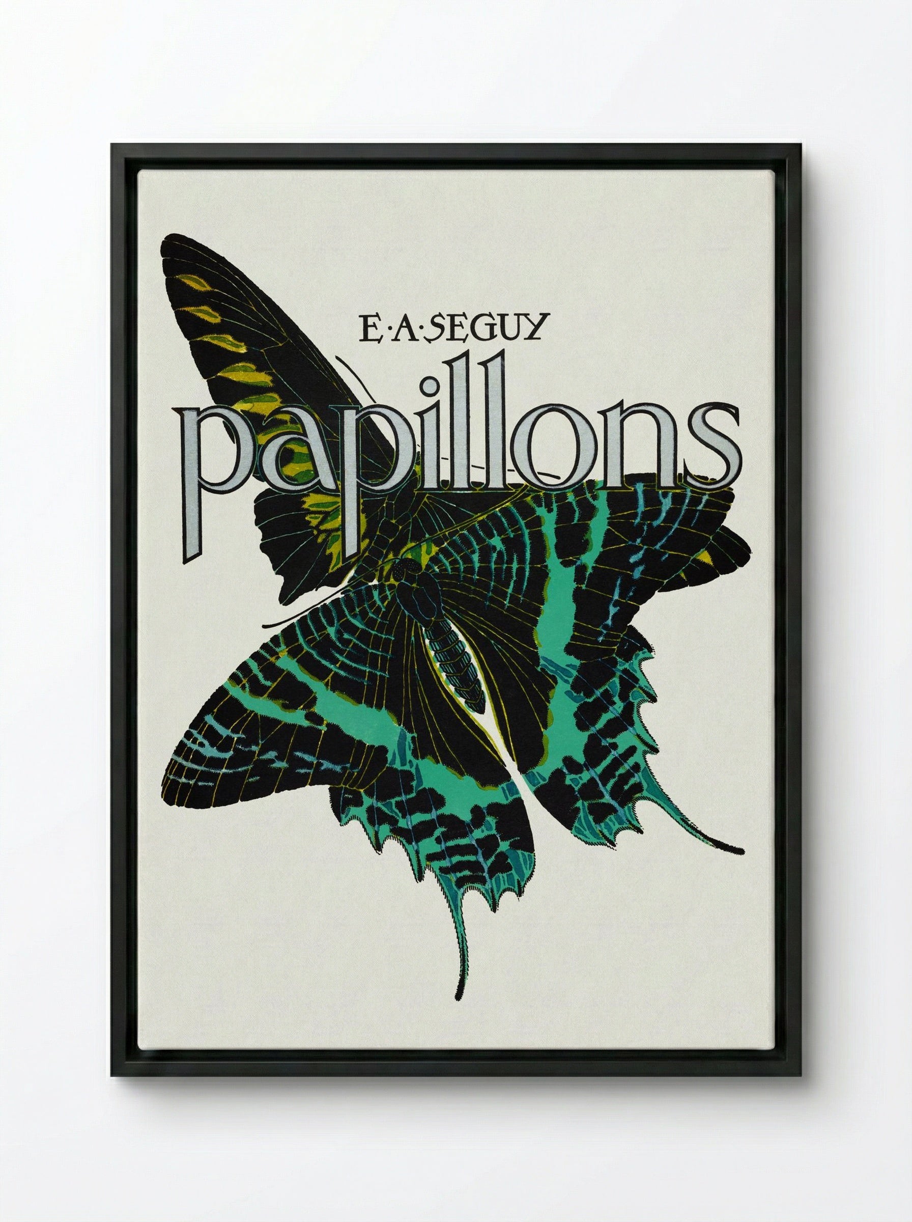 Papillons, Plate No. 1 (Teal and Black Butterfly) - Émile-Allain Séguy - Framed Canvas Black