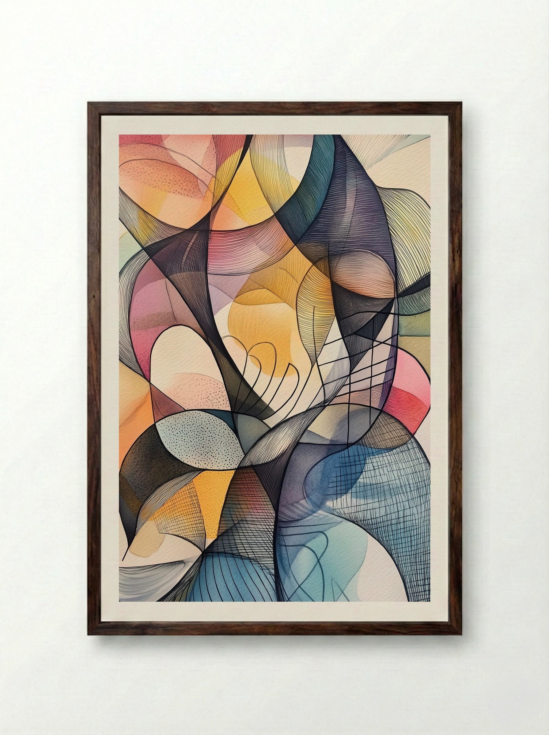 Flowform – Geometric Linework and Colourfield Abstraction - Framed Print Dark Wood