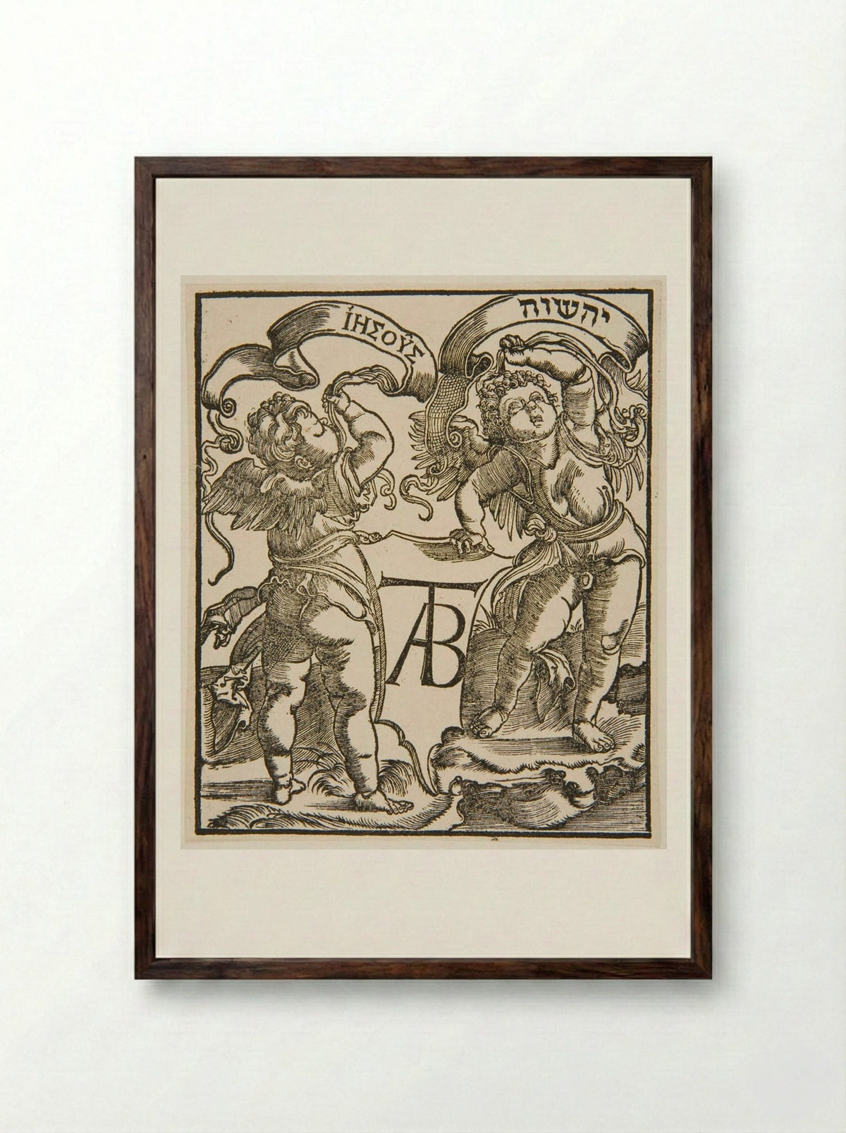 Two Angels Holding Banners with the Name Jesus - Hans Holbein the Younger - Framed Print Dark Wood