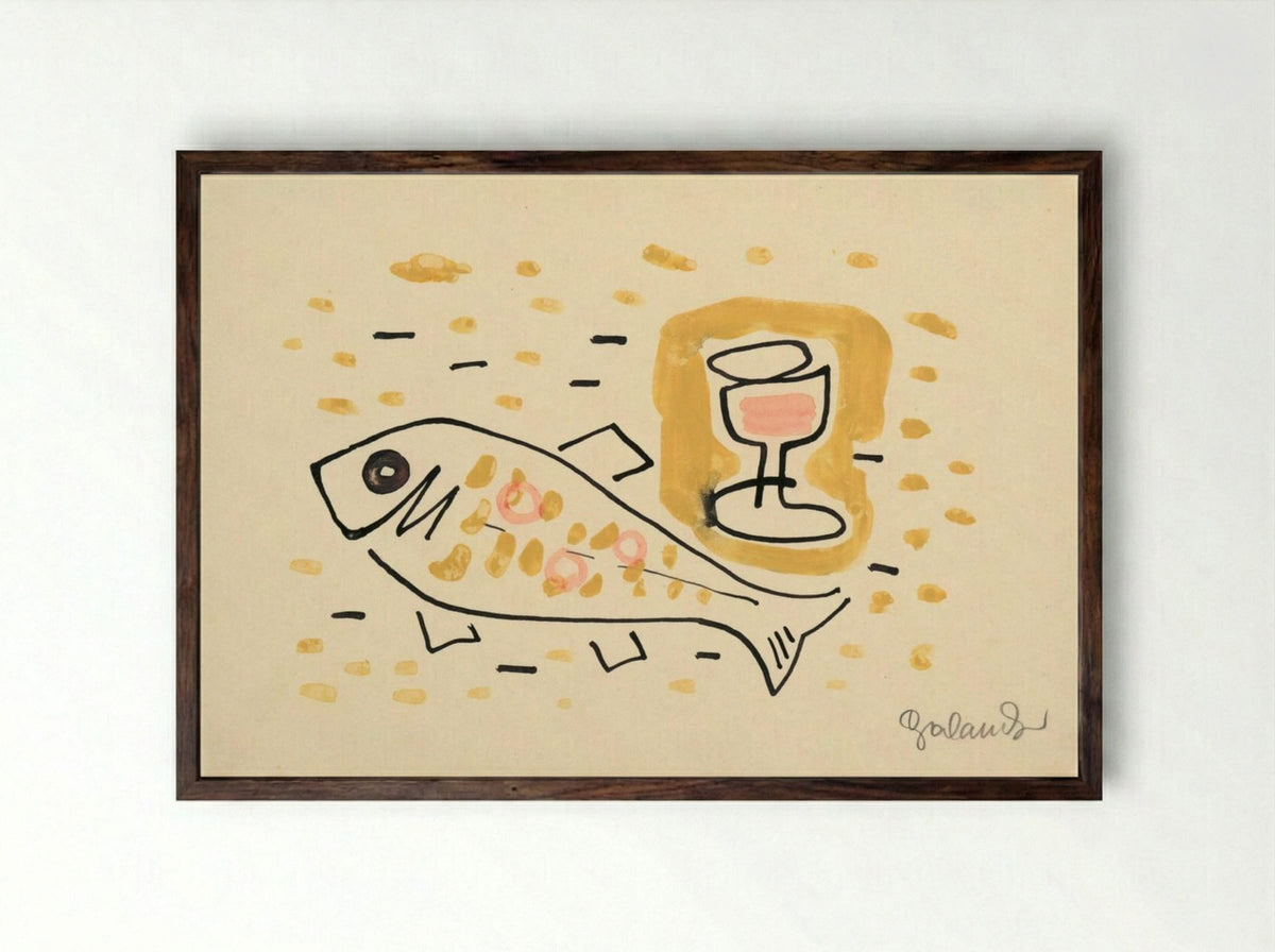 Still Life with Fish and Wine Glass - Mikuláš Galanda - Framed Print Dark Wood