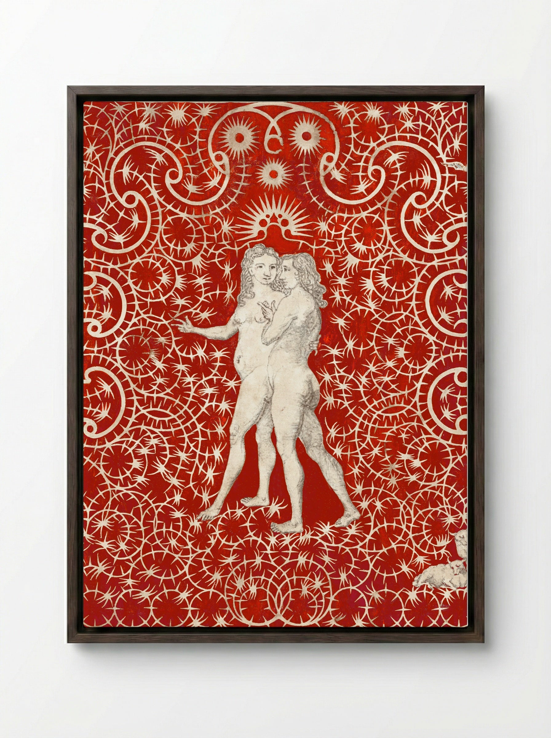 Adam and Eve in the Garden with a Pair of Sheep and a Pair of Doves - British 18th Century - Framed Canvas Dark Wood