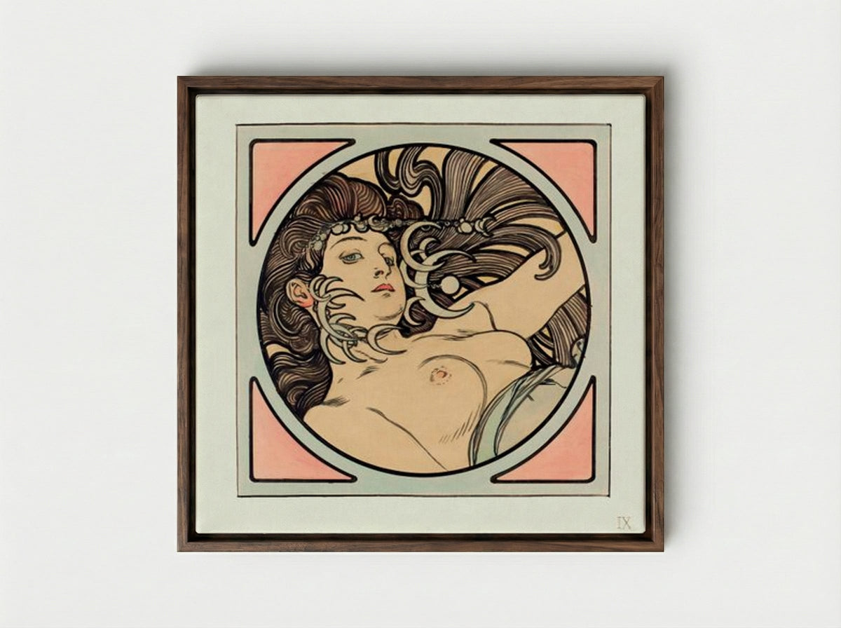 Stained Glass Window for the Facade of the Fouquet Boutique - Alphonse Mucha - Framed Canvas Dark Wood