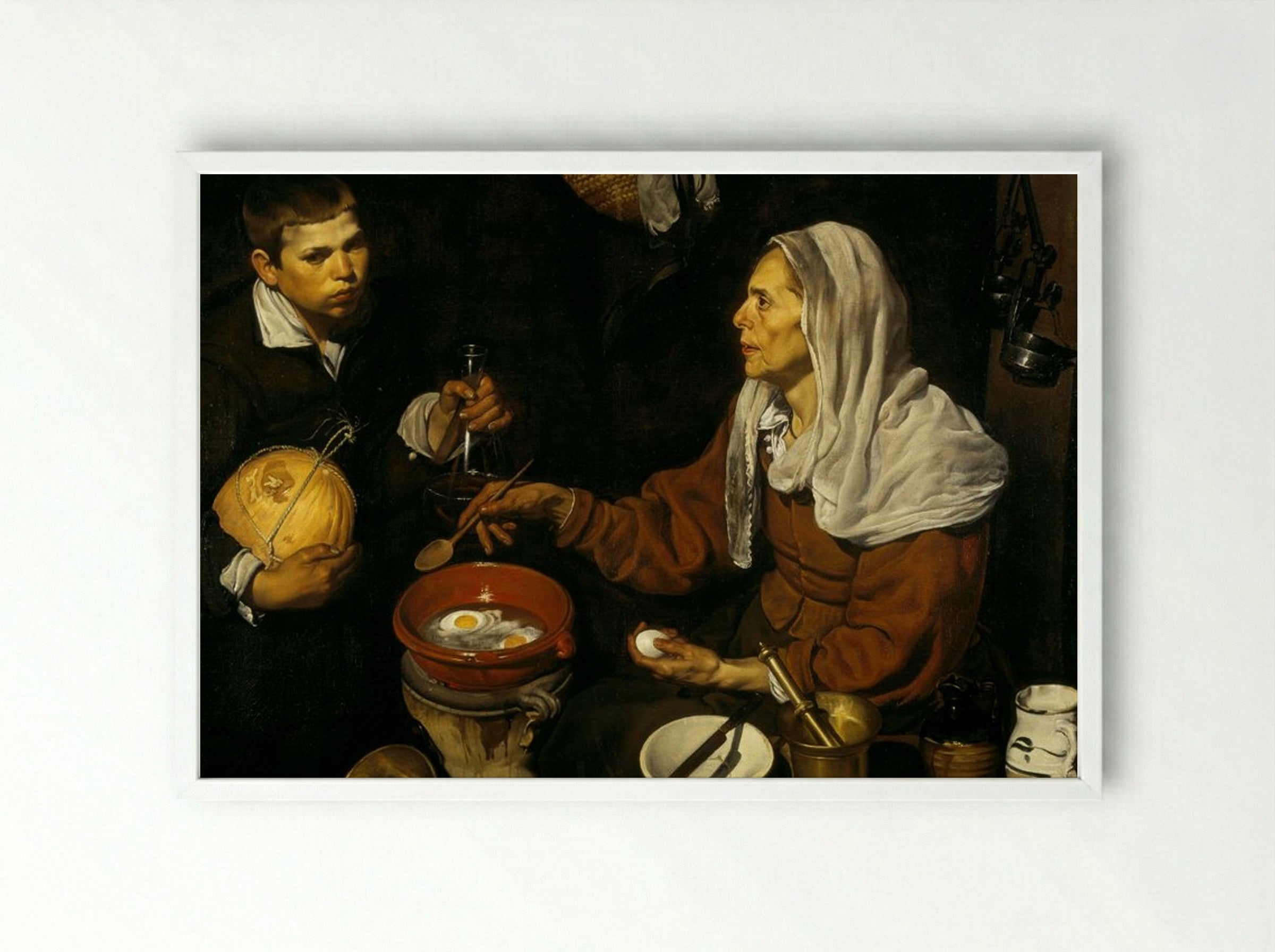 Vieja friendo huevos (Old Woman Frying Eggs) - Diego Velázquez - Framed Print White