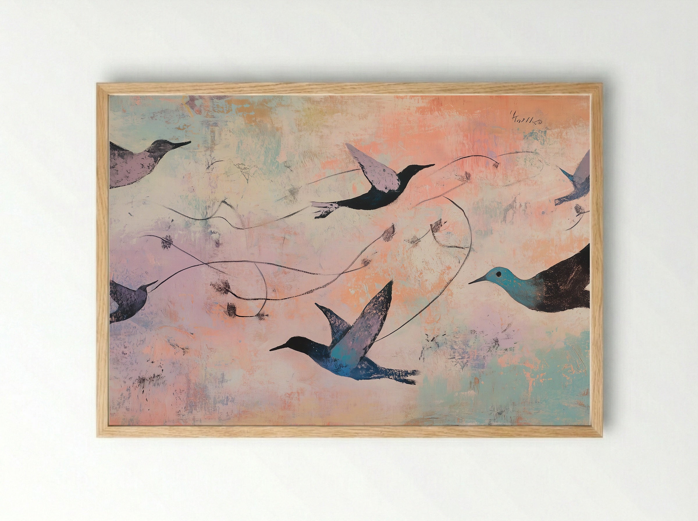 Skyward Drift – Hummingbirds in Flight on Pastel Horizon - Framed Print Wood