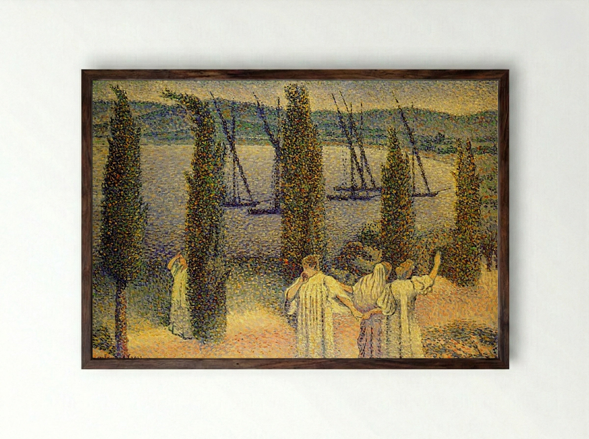 Coastal View with Cypress Trees - Henri-Edmond Cross - Framed Print Dark Wood