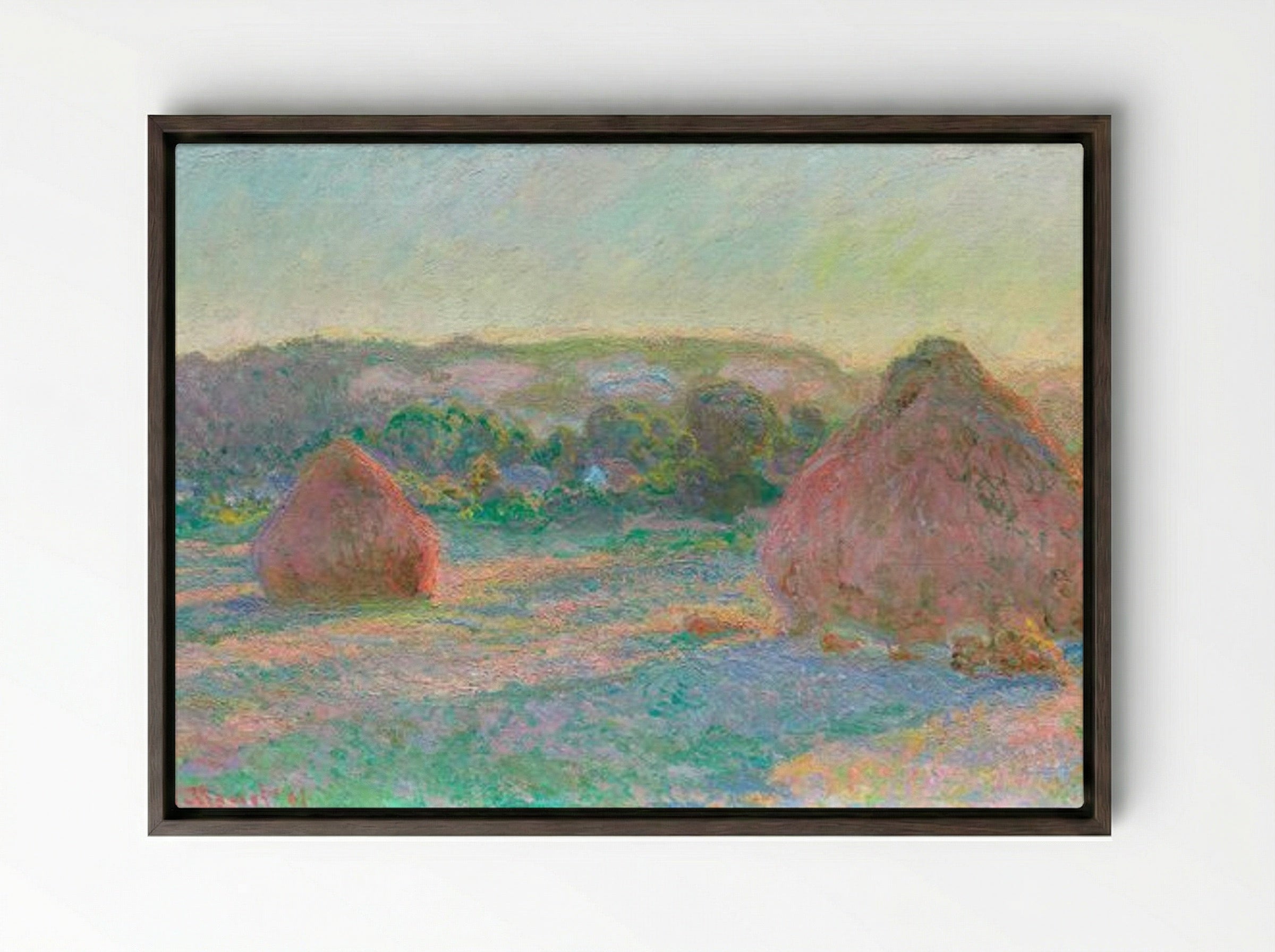 Stacks of Wheat (End of Summer) - Claude Monet - Framed Canvas Dark Wood