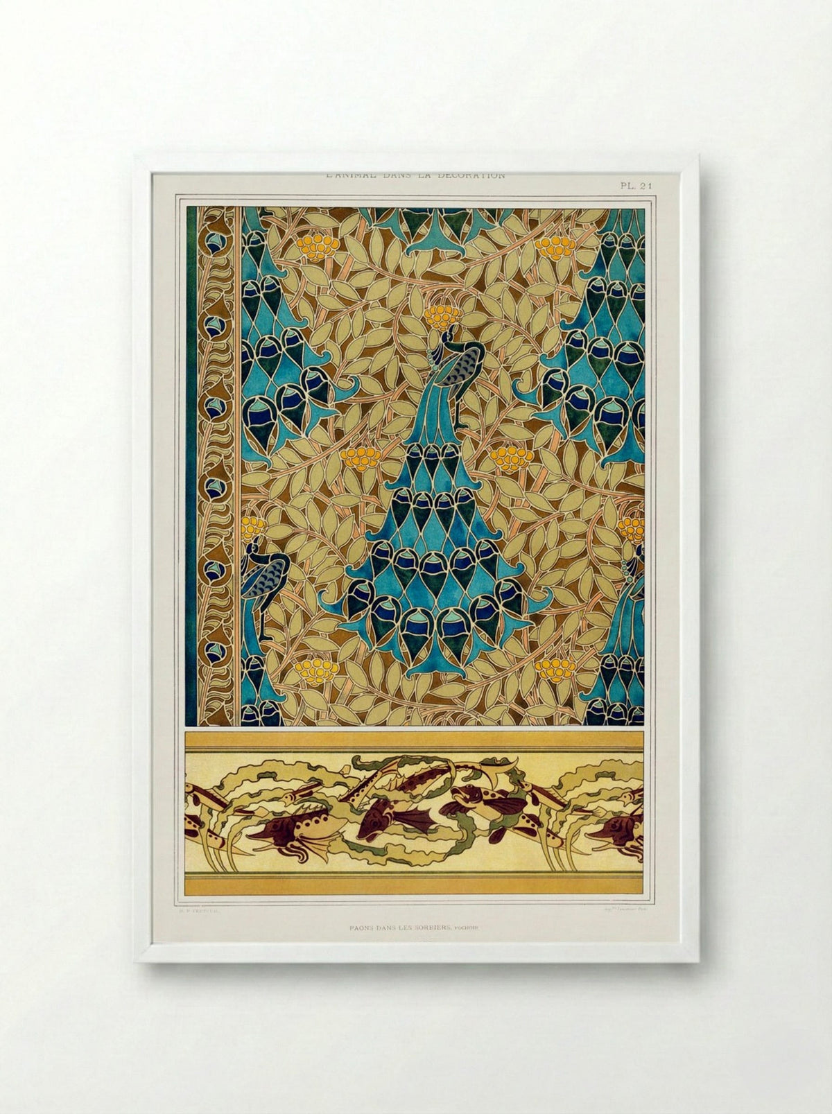 Paons dans les Sorbiers, Poissons et Algues - Maurice Pillard Verneuil - Framed Print White