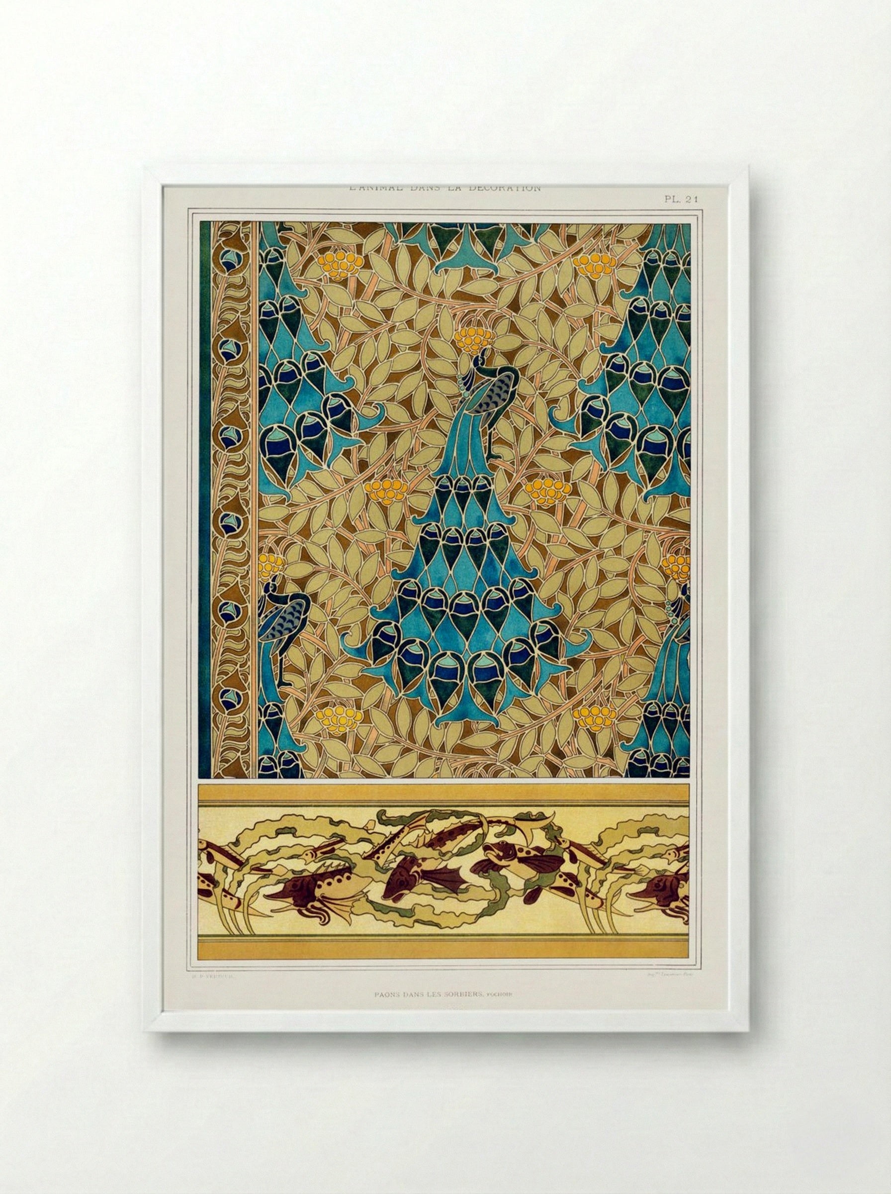 Paons dans les Sorbiers, Poissons et Algues - Maurice Pillard Verneuil - Framed Print White