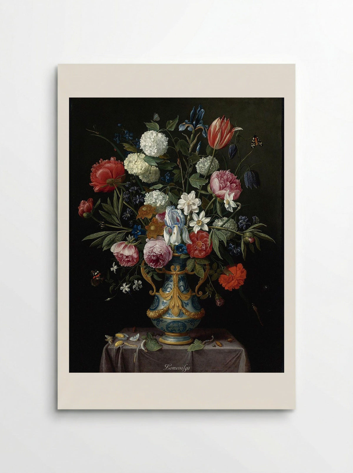 Still Life of Irises, Peonies, Narcissi, a Tulip and Other Flowers in a Blue-and-White Porcelain Vase with Ormolu Mounts on a Draped Pedestal - Jan van Kessel the Elder - Poster