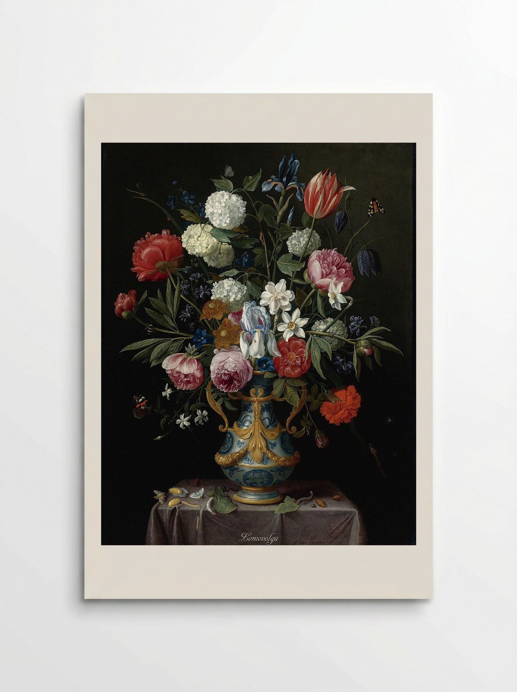 Still Life of Irises, Peonies, Narcissi, a Tulip and Other Flowers in a Blue-and-White Porcelain Vase with Ormolu Mounts on a Draped Pedestal - Jan van Kessel the Elder - Poster