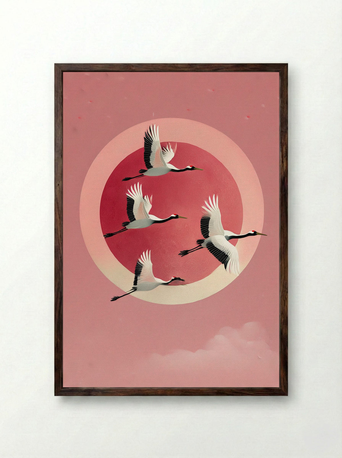 Crimson Flight Japanese Crane Poster Print - Framed Print Dark Wood