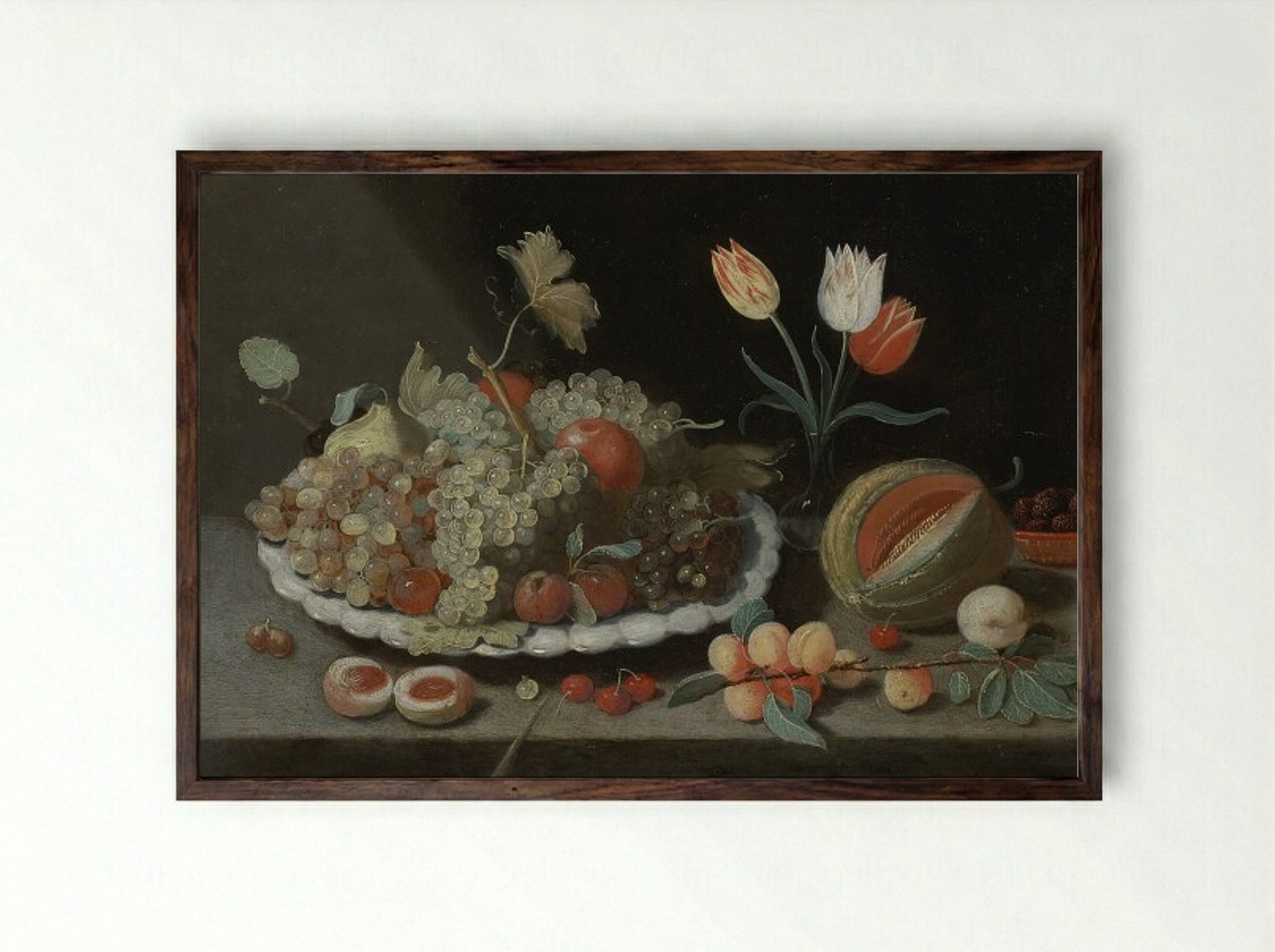 Still life with grapes and other fruit on a platter, a glass vase with tulips, a melon, apricots, cherries and other fruit, all on a ledge - Jan van Kessel the Elder - Framed Print Dark Wood
