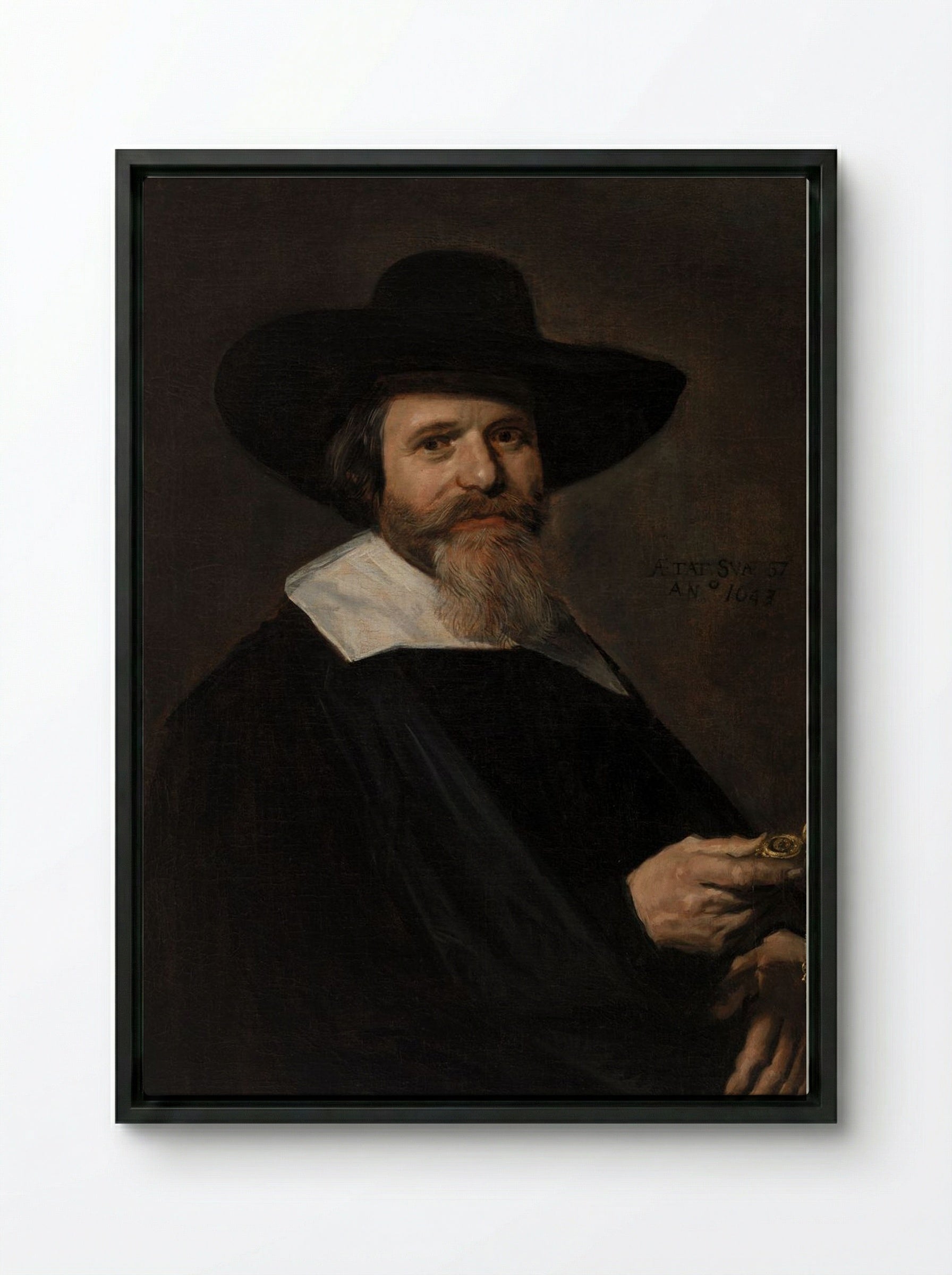 Portrait of a Man Holding a Watch - Frans Hals - Framed Canvas Black
