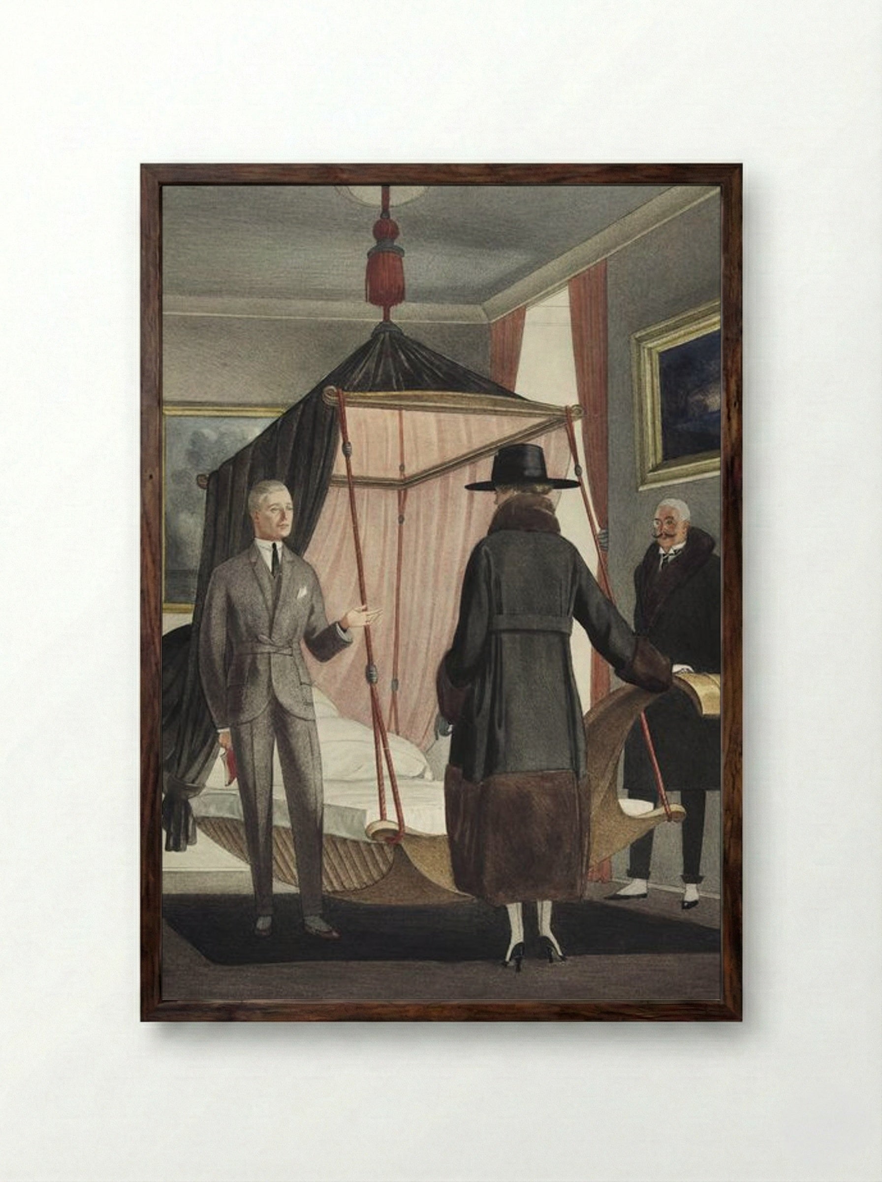 Two Men and a Woman in a Bedroom - Otto Friedrich Carl Lendecke - Framed Print Dark Wood