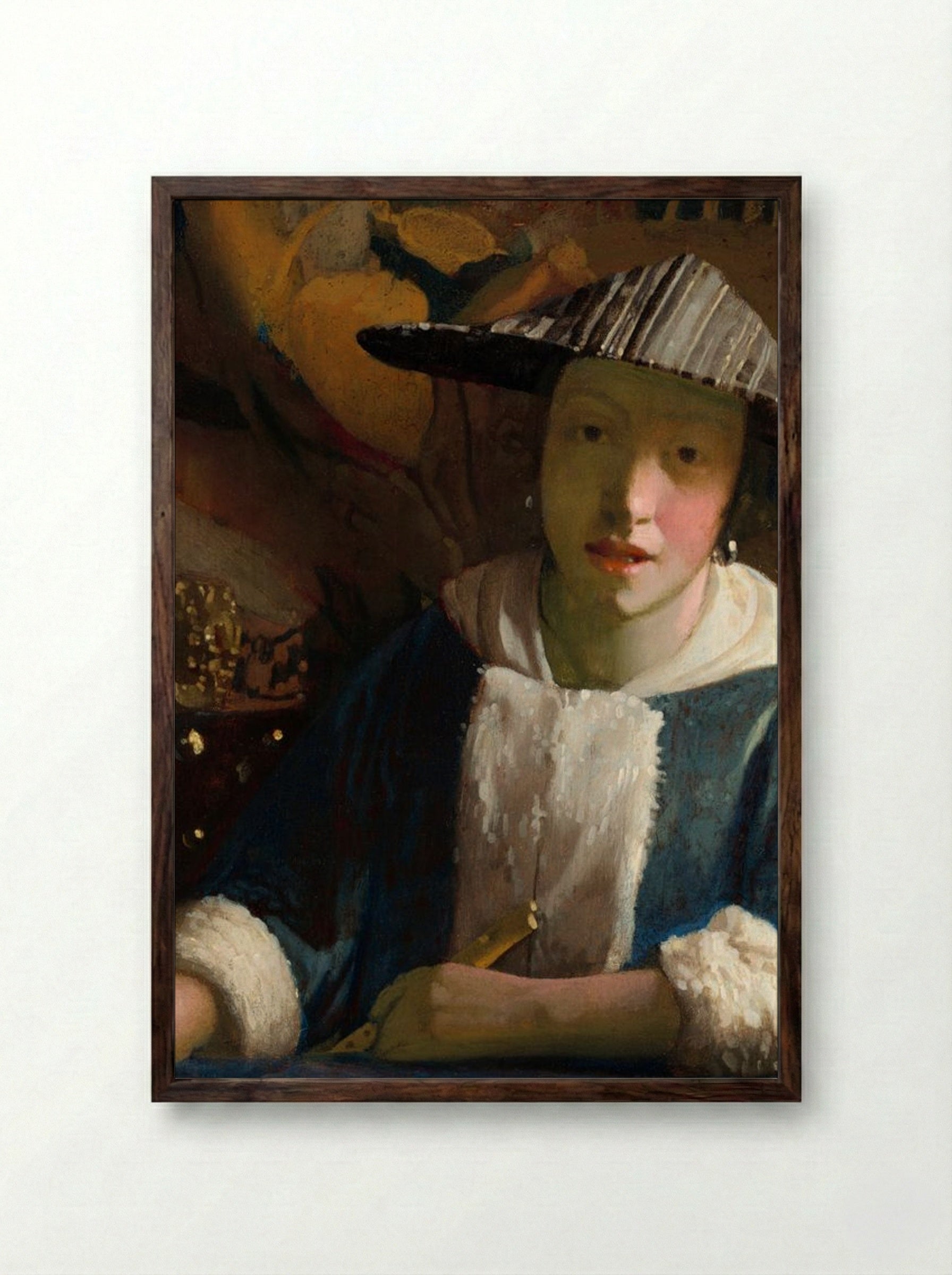 Girl with a Flute - Johannes Vermeer - Framed Print Dark Wood
