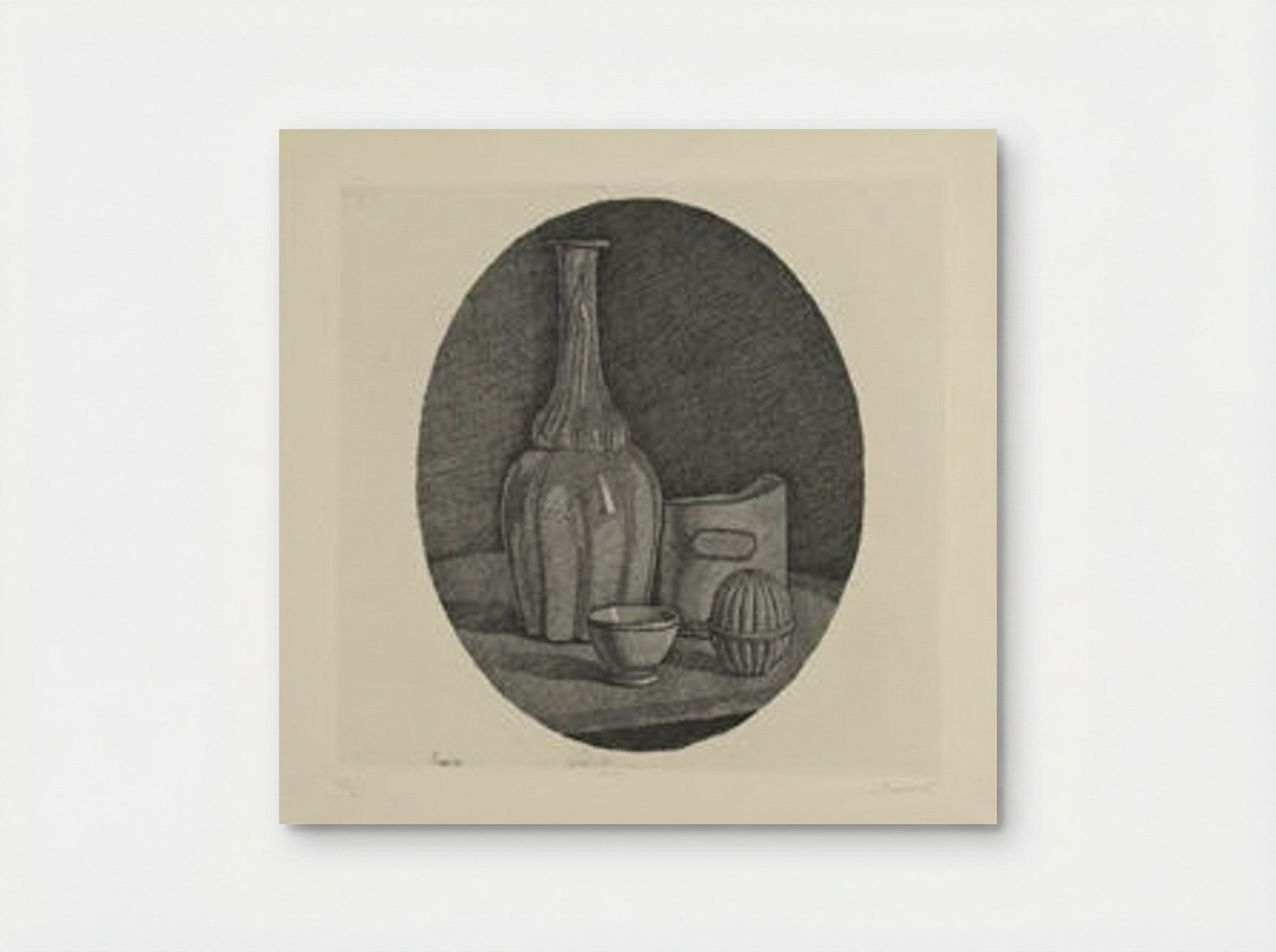Grande natura morta circolare con bottiglia e tre oggetti - Giorgio Morandi - Poster