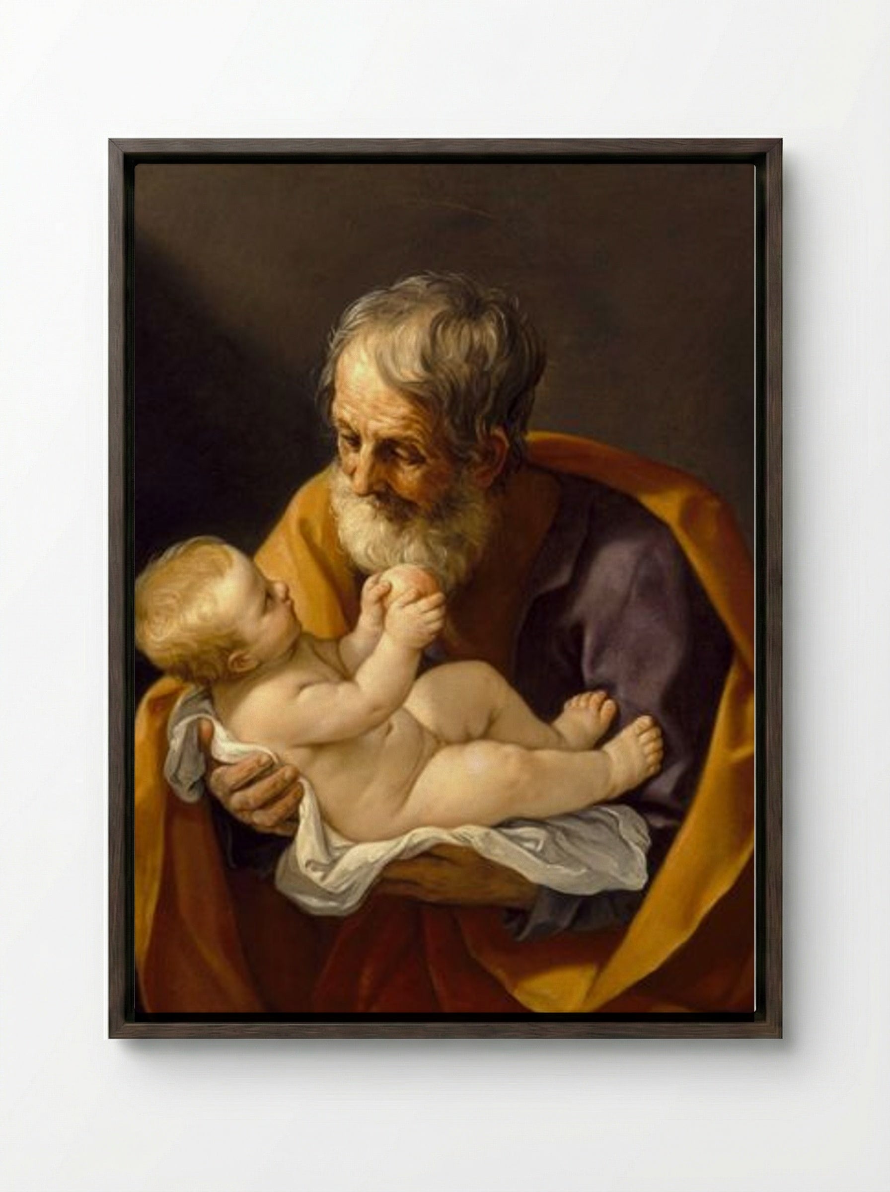 Saint Joseph and the Christ Child - Guido Reni - Framed Canvas Dark Wood