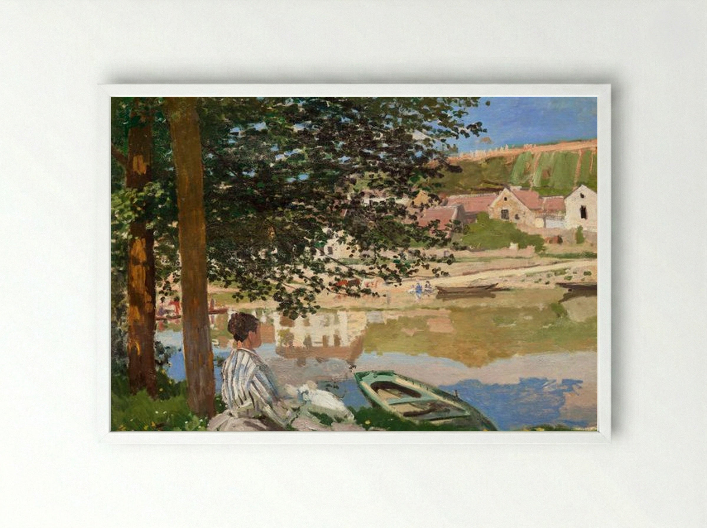 On the Bank of the Seine, Bennecourt - Claude Monet - Framed Print White