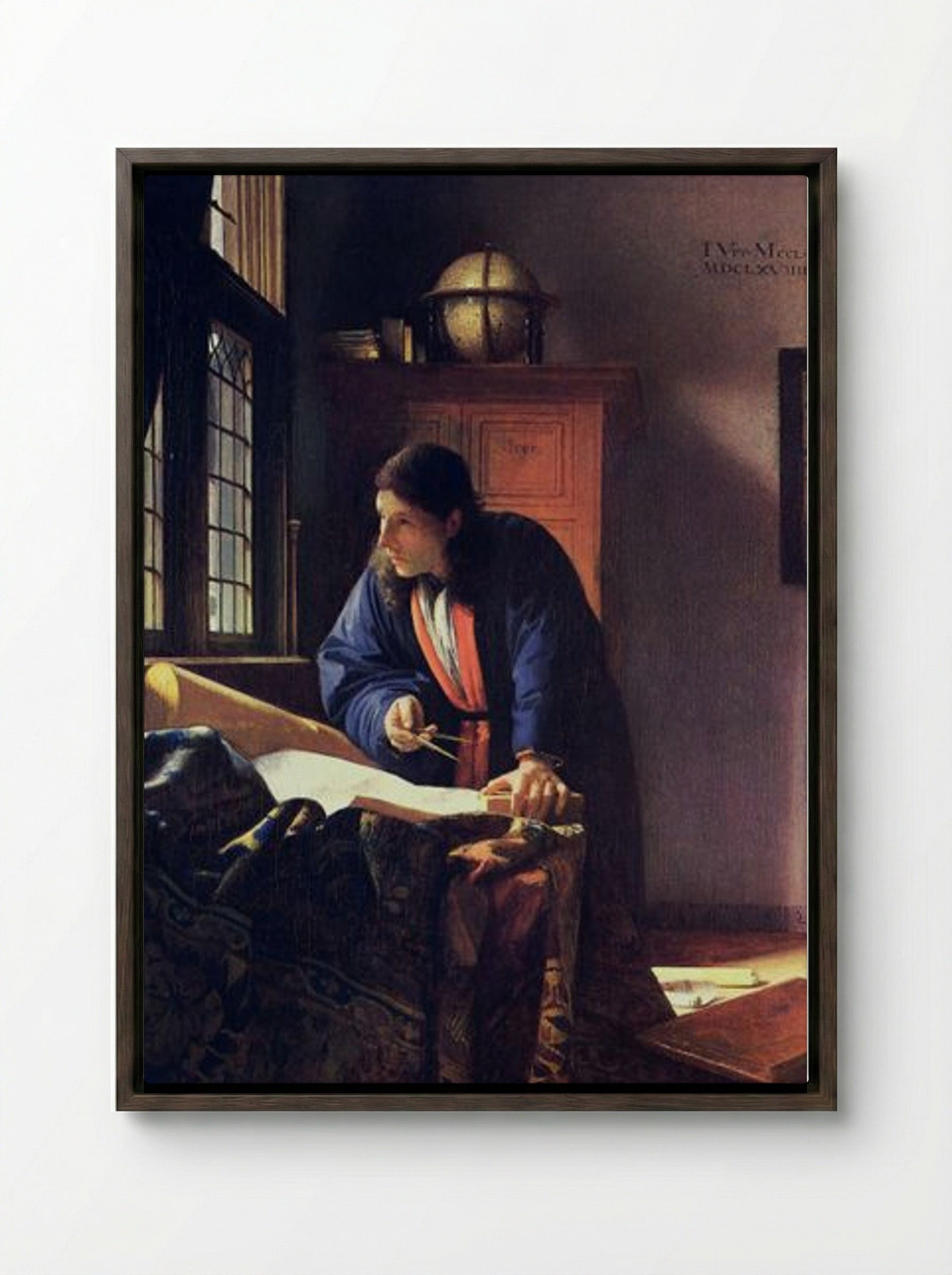 The Geographer - Johannes Vermeer - Framed Canvas Dark Wood
